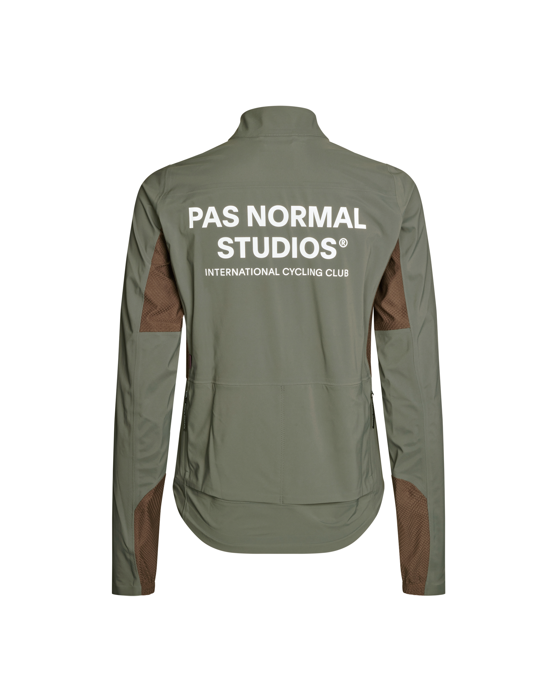 Dark Grey Mechanism Shell cycling jacket, rear view with brown mesh panels