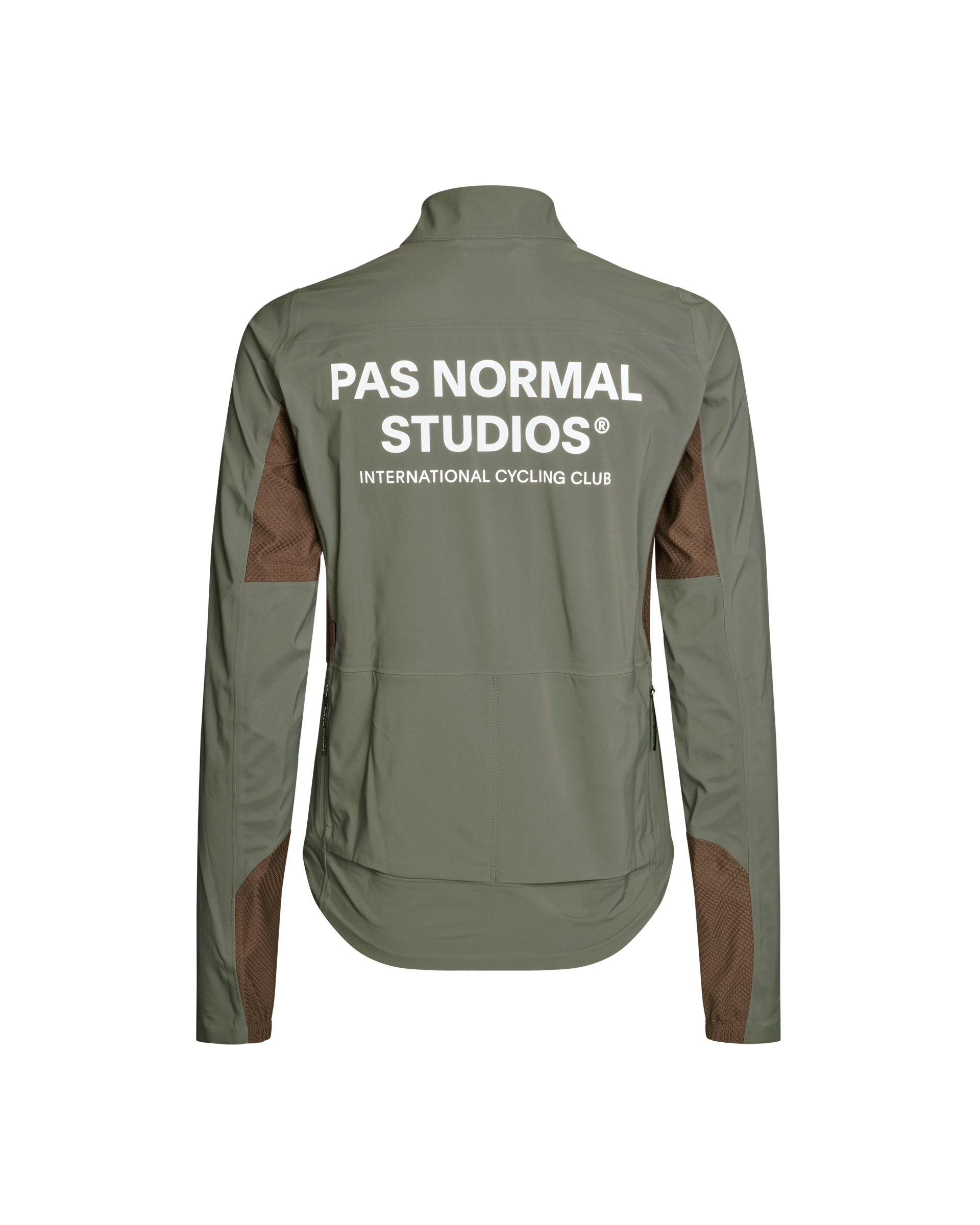 Dark Grey Mechanism Shell cycling jacket, rear view with brown mesh panels