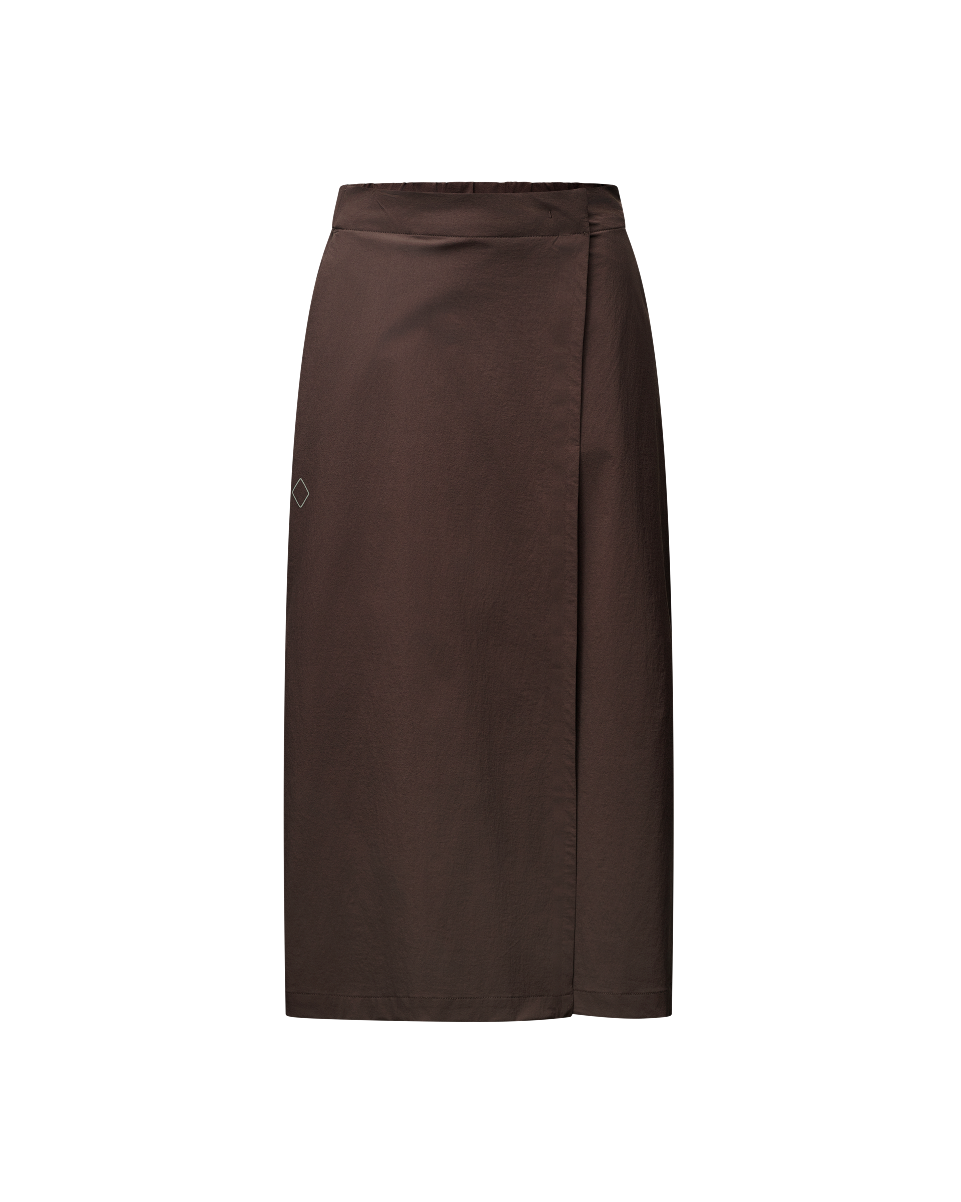 Brown Off-Race Tech Skirt, front view with wrap design and side slit
