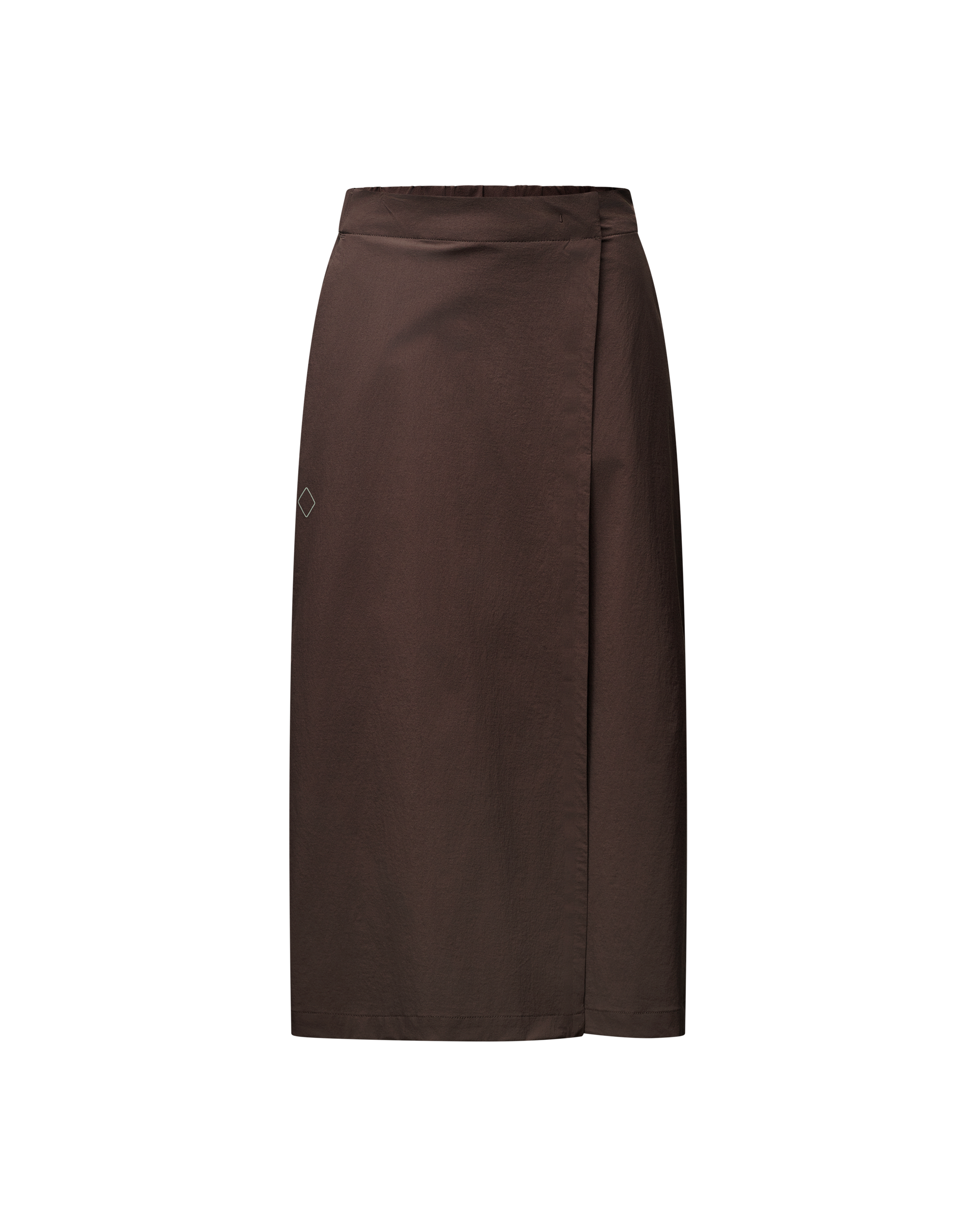 Brown Off-Race Tech Skirt, front view with wrap design and side slit