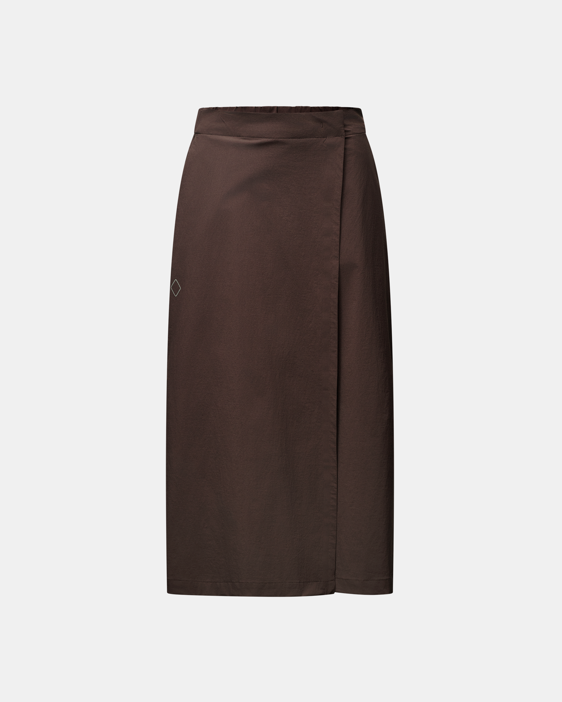 Brown Off-Race Tech Skirt, front view with wrap design and side slit
