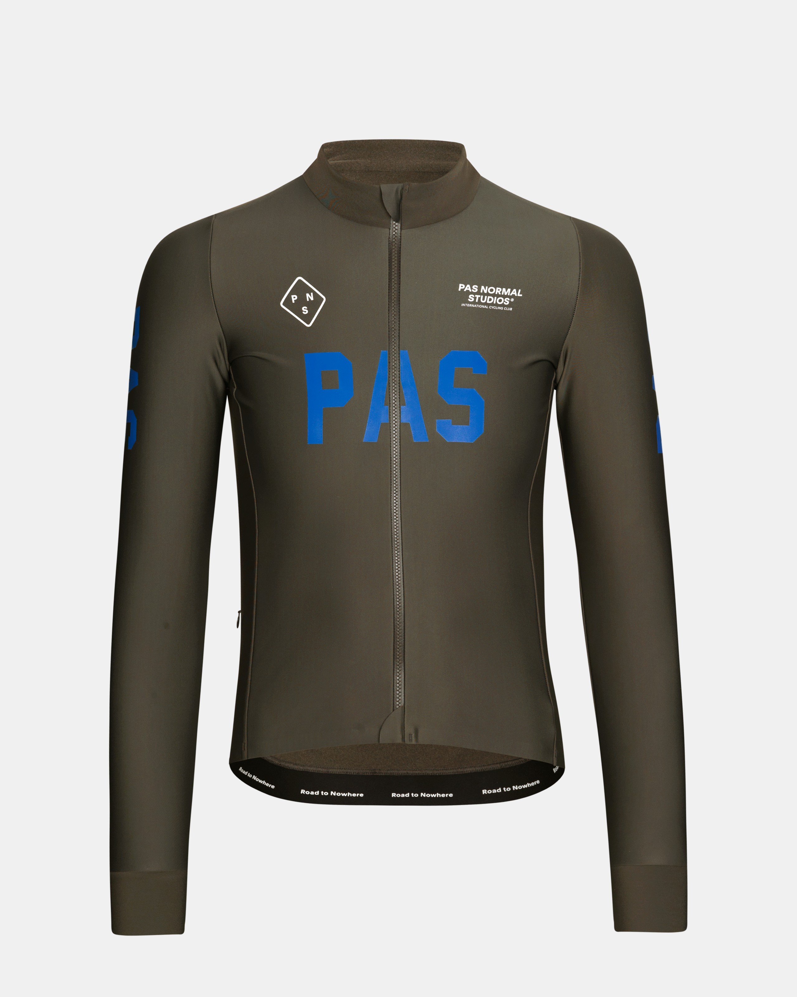 Dark Olive PAS Mechanism Thermal long sleeve cycling jersey, front view with blue chest print