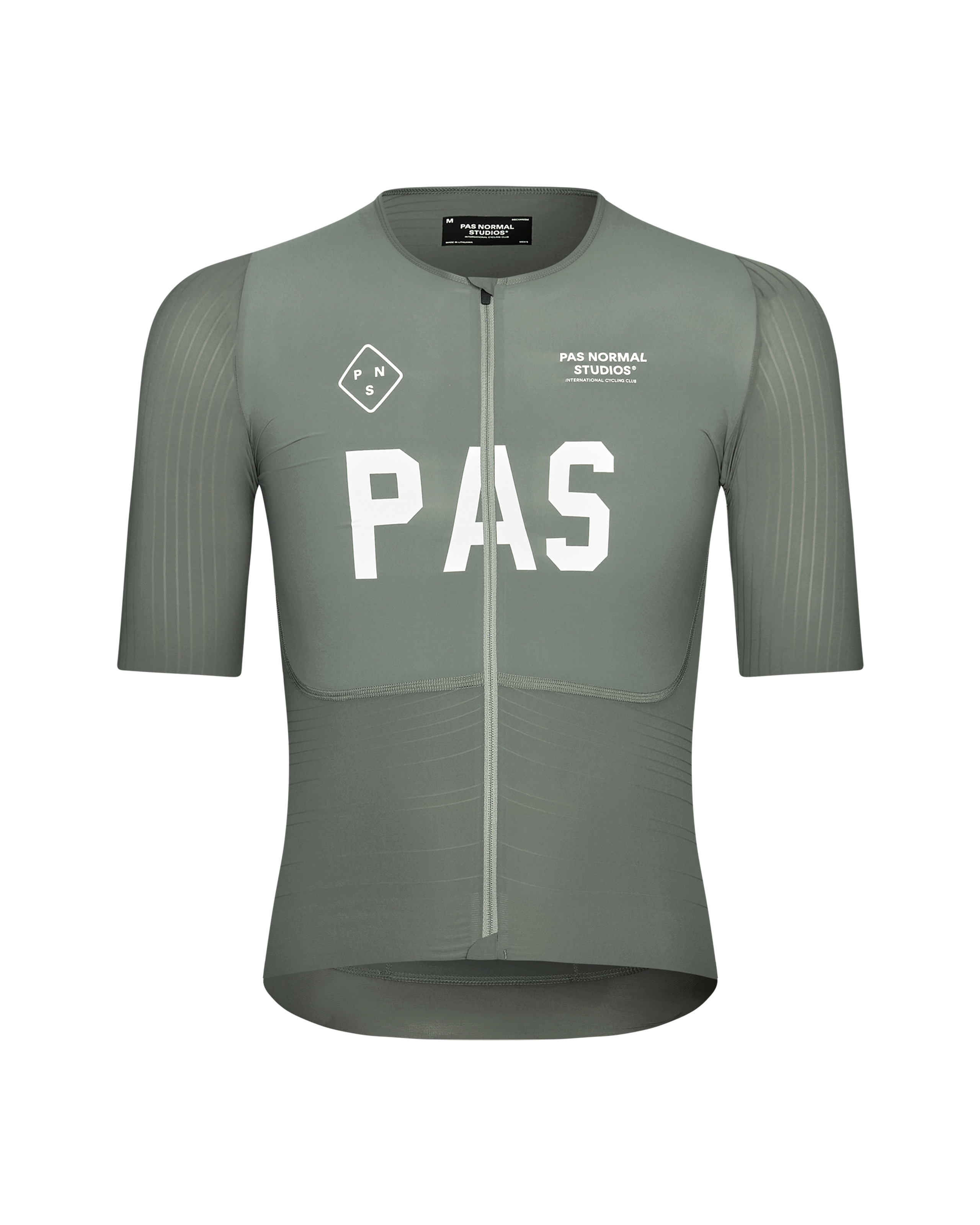 Grey PAS Mechanism Pro cycling jersey, front view with white chest print and ribbed sleeves