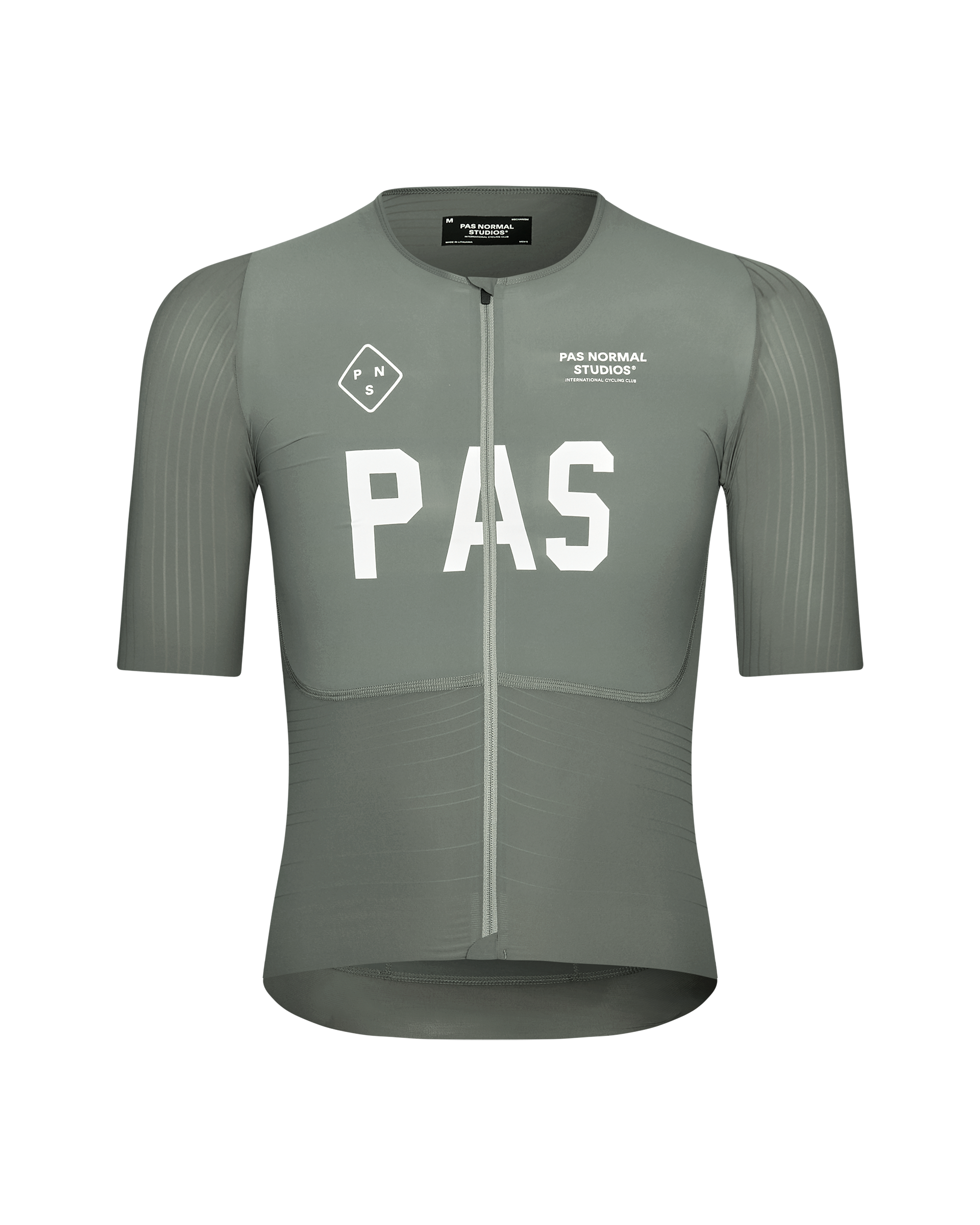 Grey PAS Mechanism Pro cycling jersey, front view with white chest print and ribbed sleeves