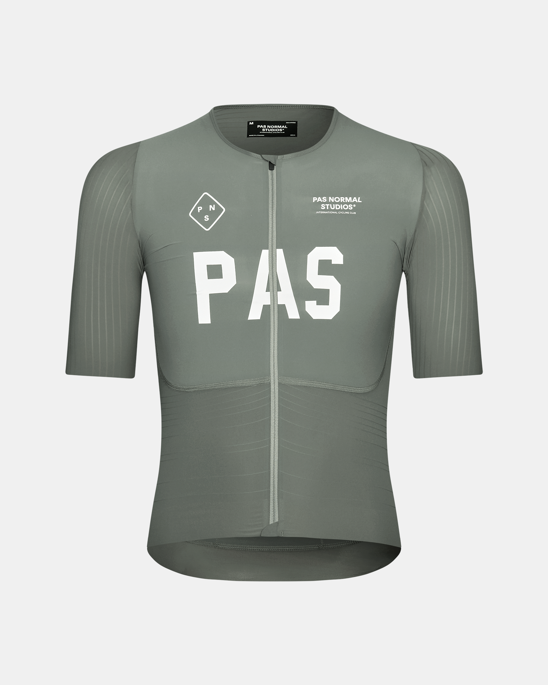 Grey PAS Mechanism Pro cycling jersey, front view with white chest print and ribbed sleeves