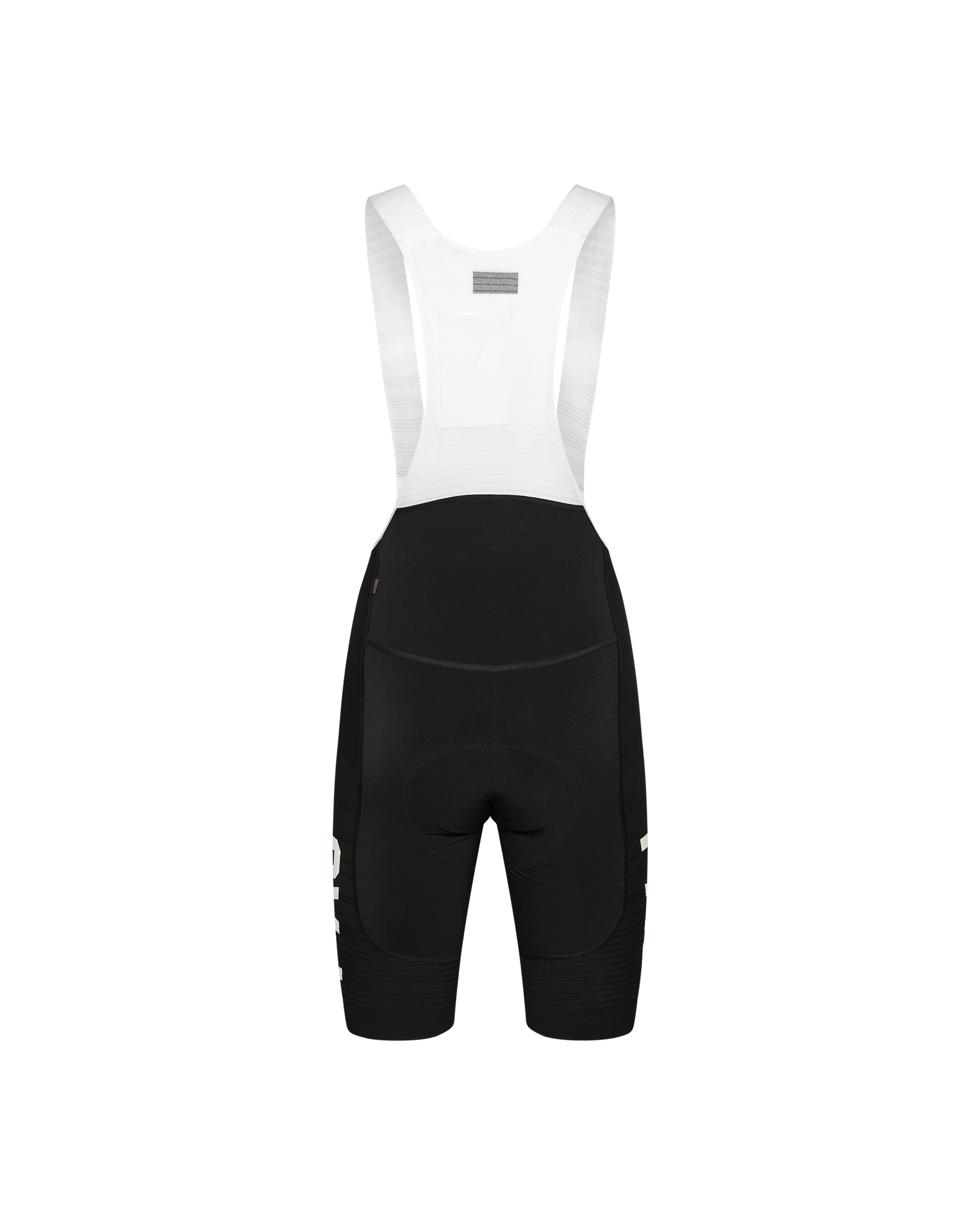 Black PAS Mechanism Pro cycling bibs, rear flat lay with white straps and side leg text