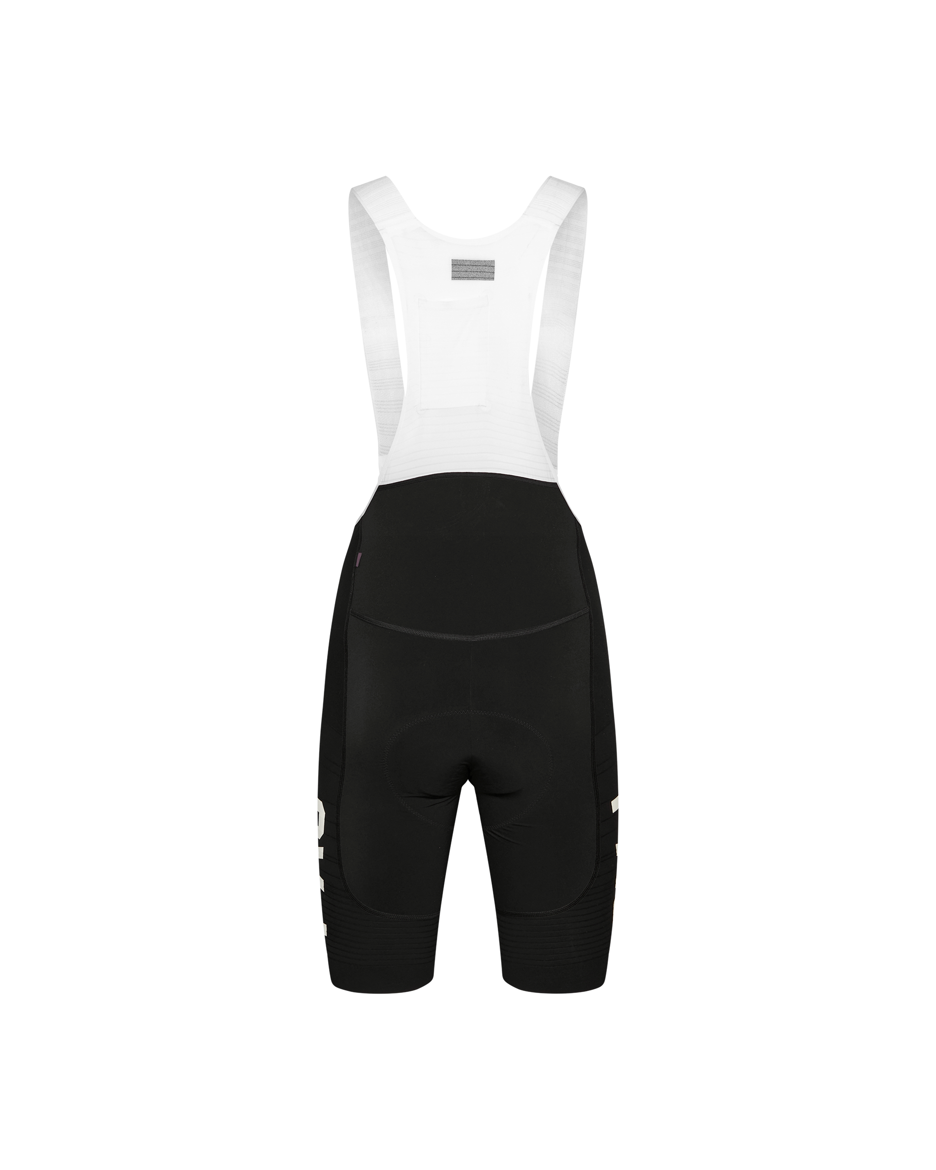 Black PAS Mechanism Pro cycling bibs, rear flat lay with white straps and side leg text