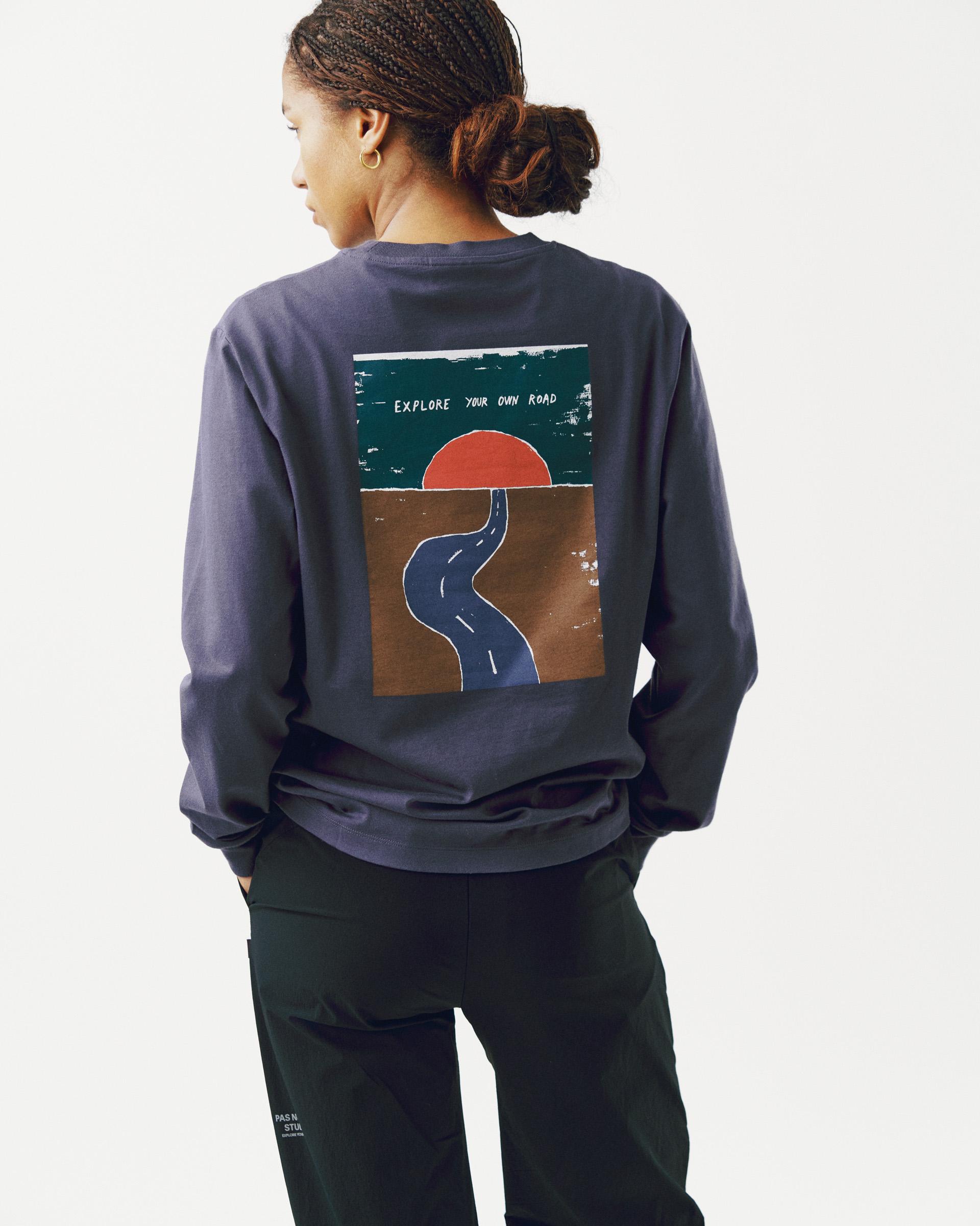 Grey Off-Race Graphic long sleeve t-shirt on model, rear view with road and sun back print