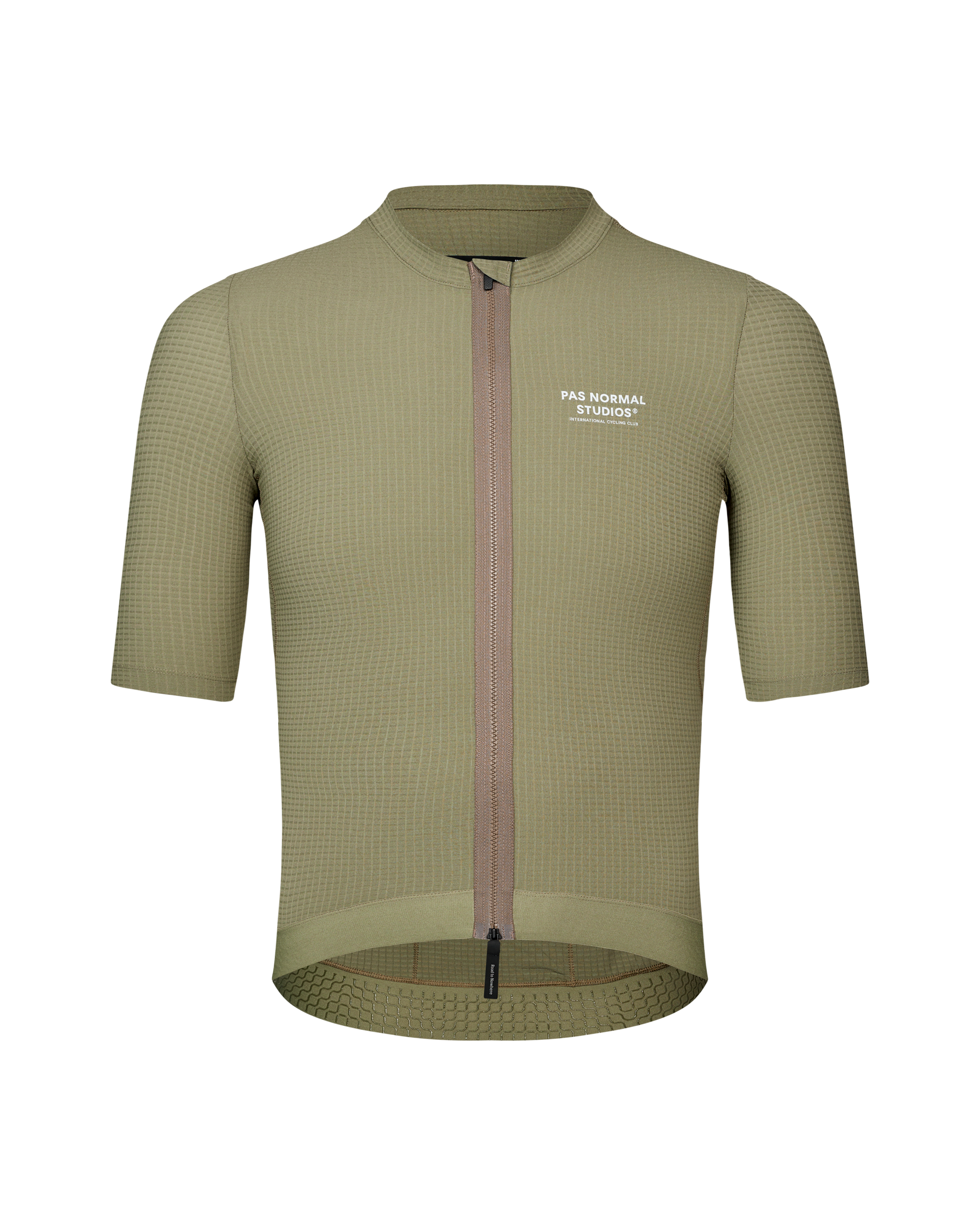 Light Olive Escapism cycling jersey, front view with grid texture and contrast brown zip