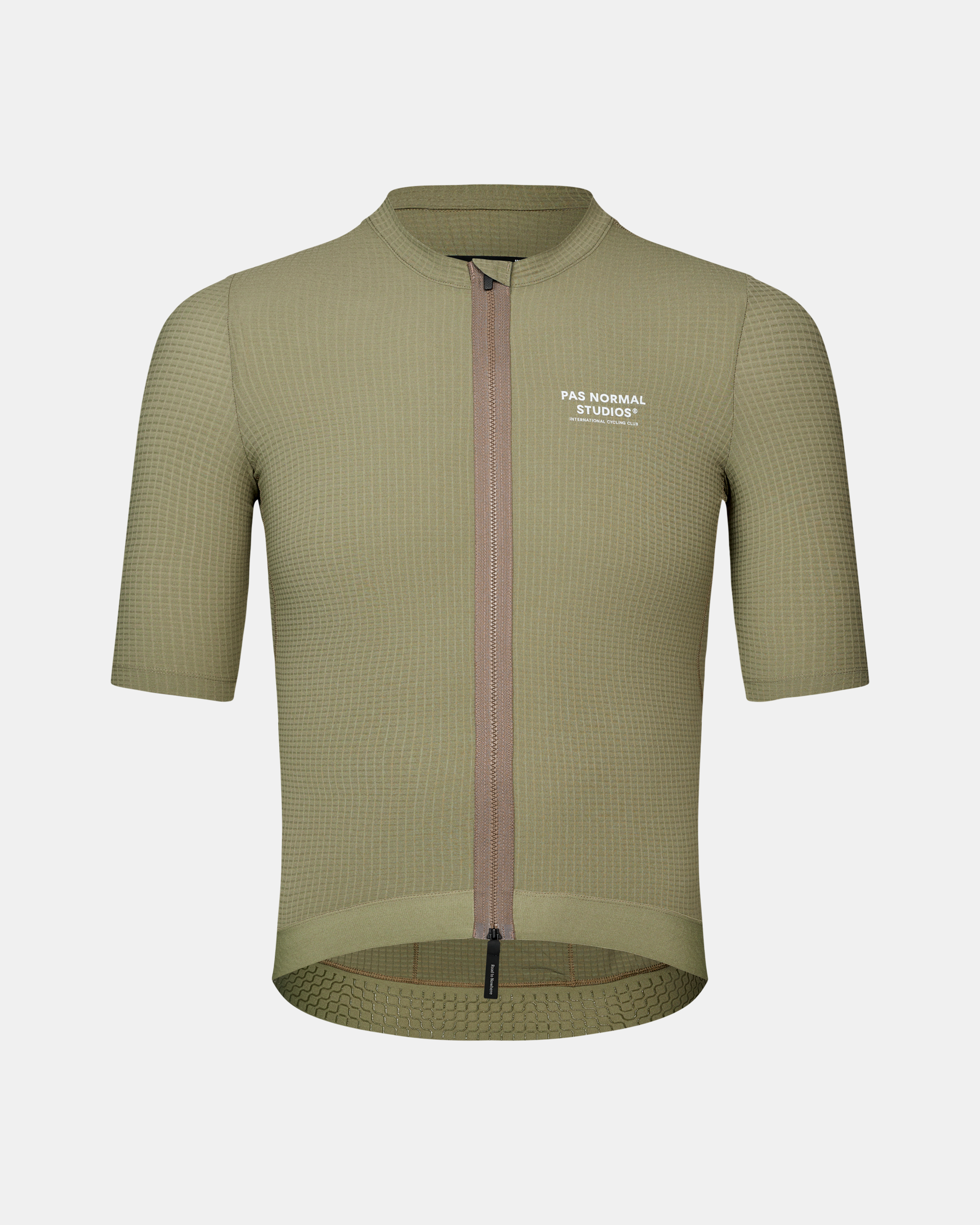 Light Olive Escapism cycling jersey, front view with grid texture and contrast brown zip