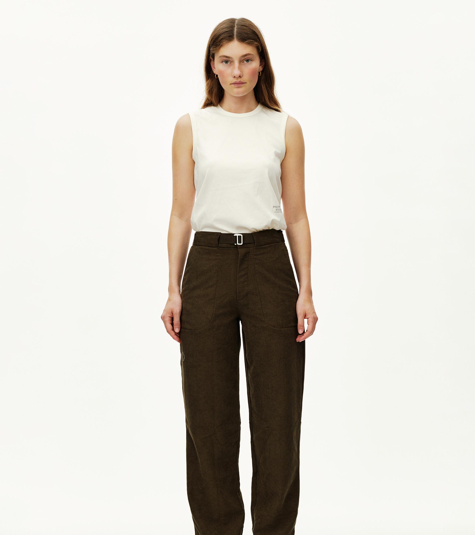 Dark Olive Off-Race Corduroy pants on model, front view with integrated belt and wide leg