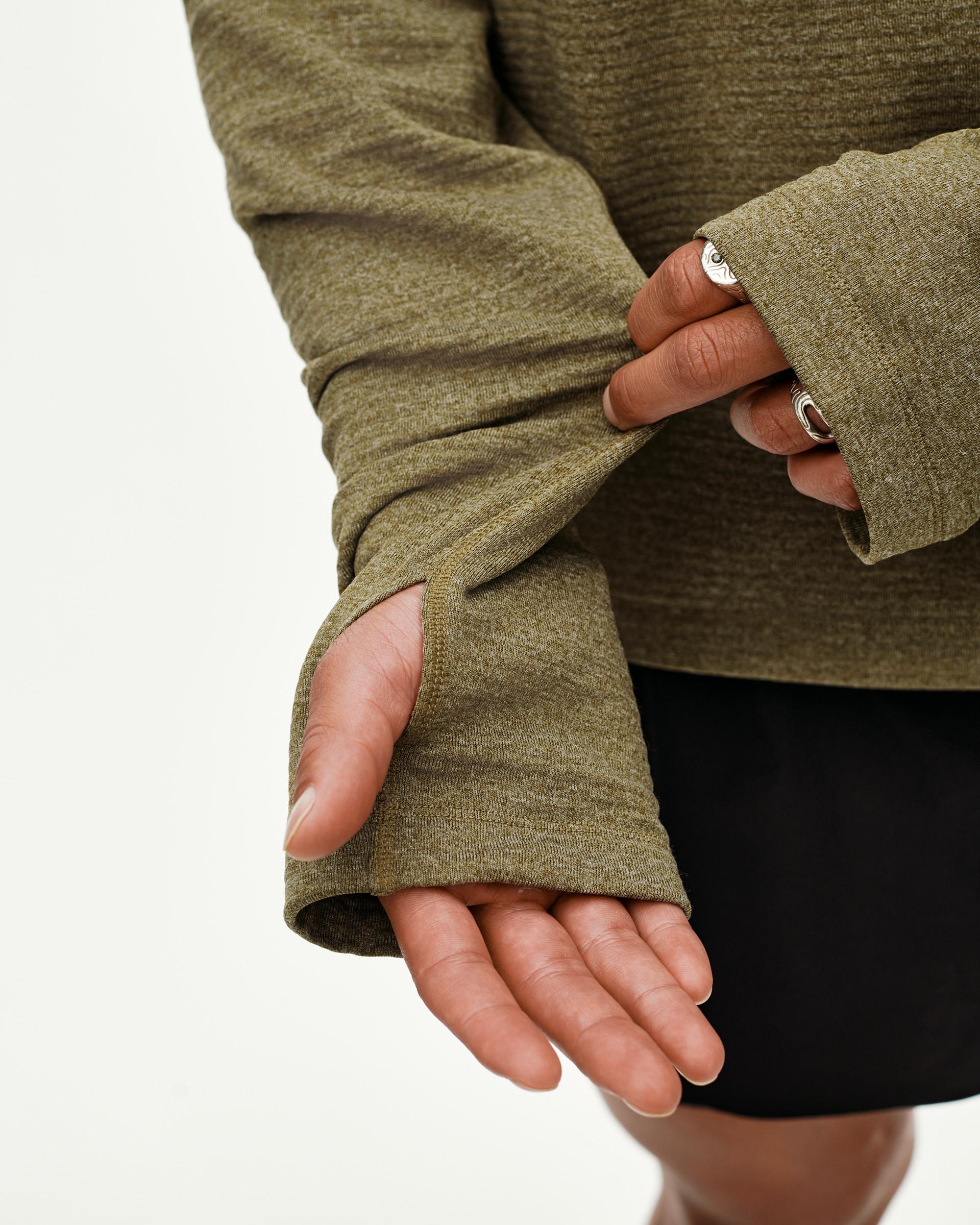 Moss Brown Balance Thermal Hoodie, sleeve detail on model with thumbhole cuff