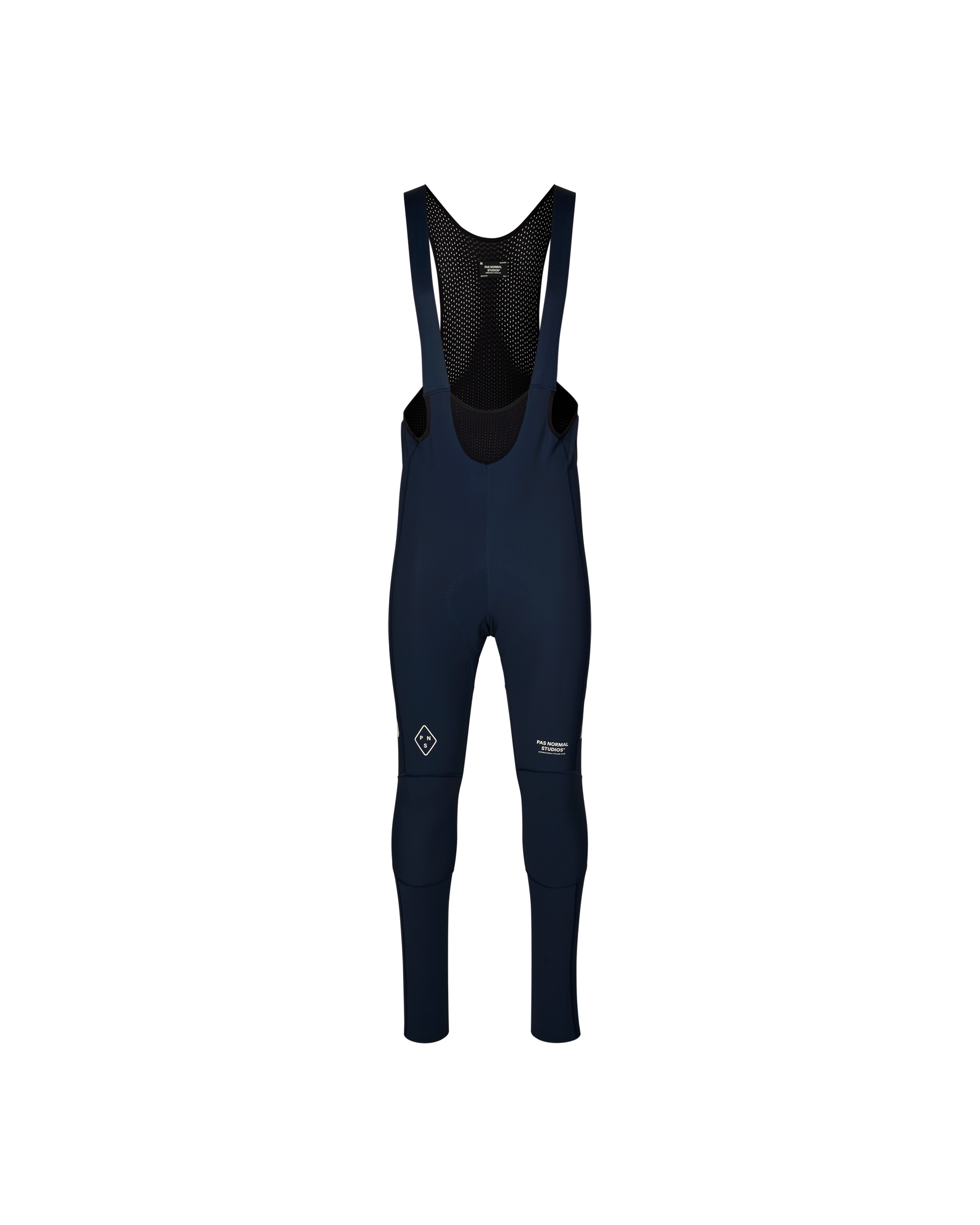 Navy PAS Mechanism Deep Winter Long cycling bibs, front flat lay with mesh bib panel