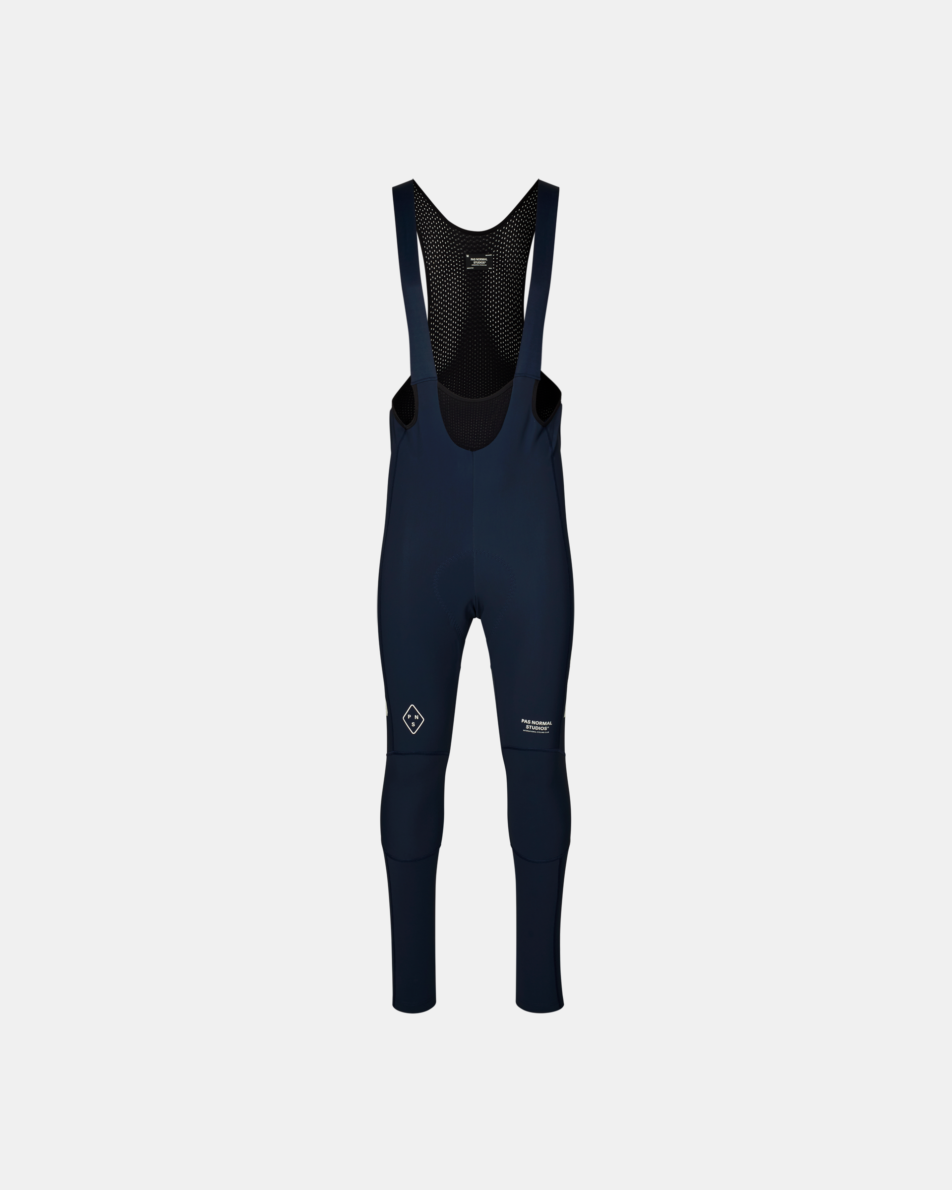 Navy PAS Mechanism Deep Winter Long cycling bibs, front flat lay with mesh bib panel