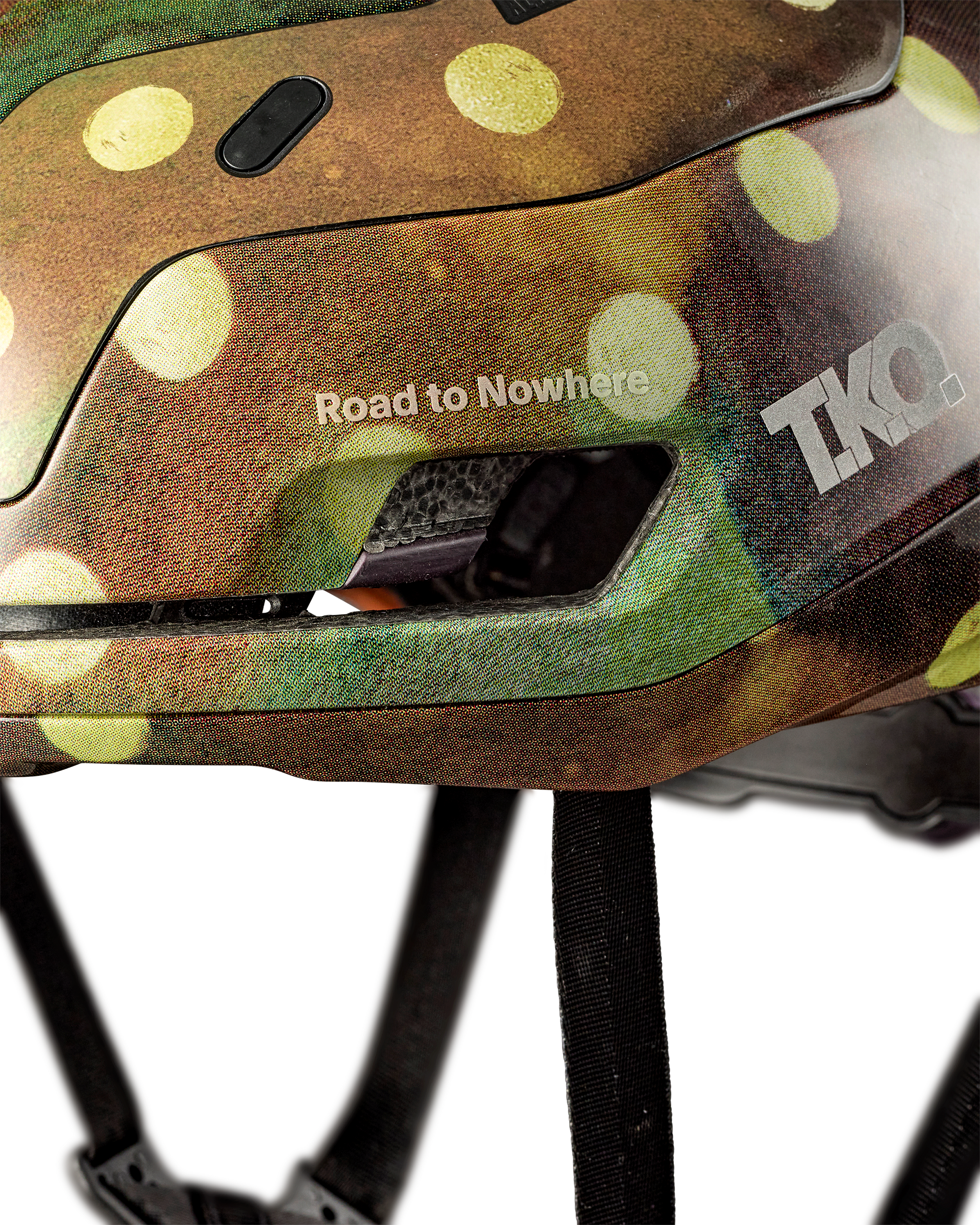 Brown T.K.O. Falconer Aero 2Vi cycling helmet, side view with polka dot pattern and Road to Nowhere text
