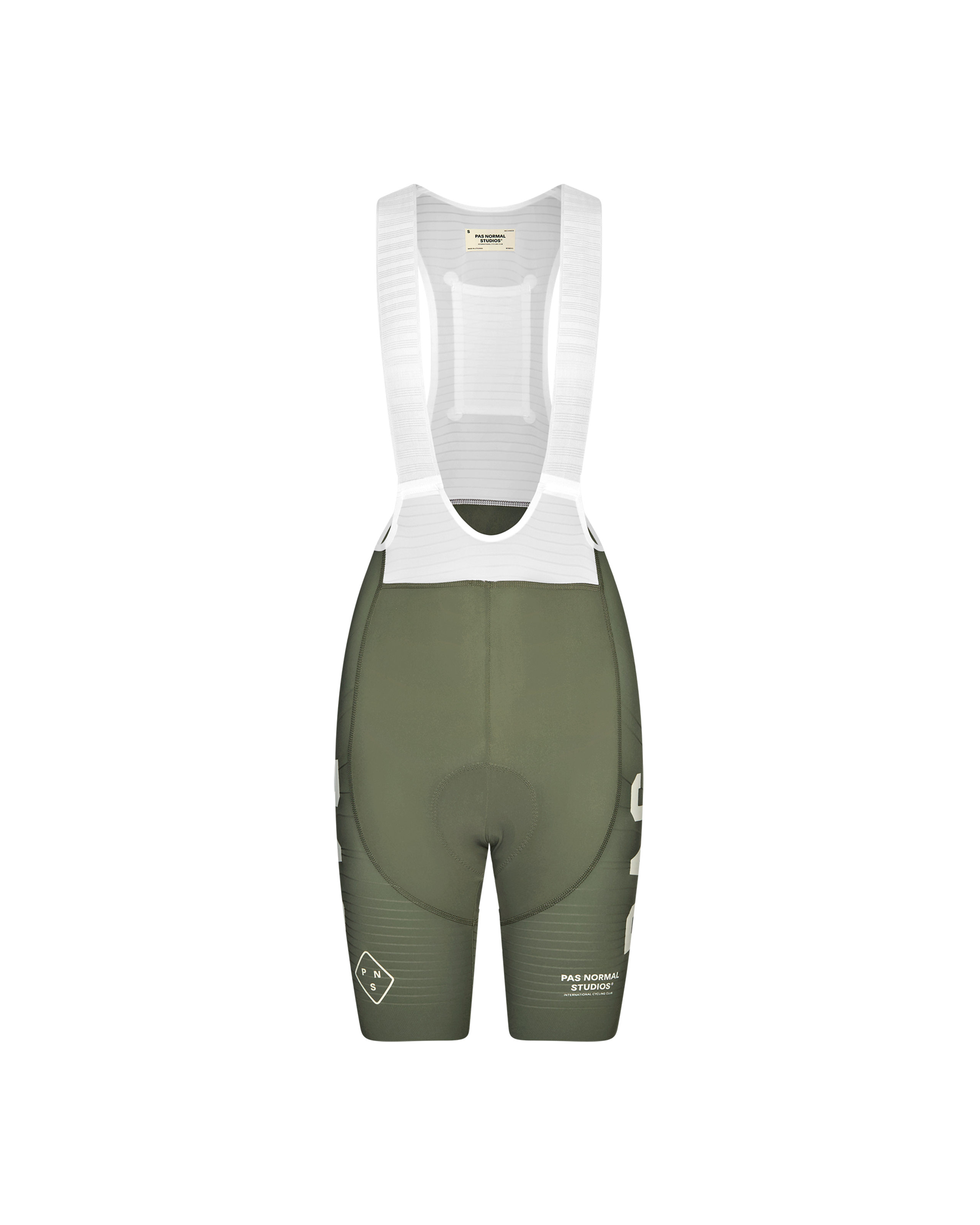 Green PAS Mechanism Pro cycling bibs, front flat lay with white shoulder straps