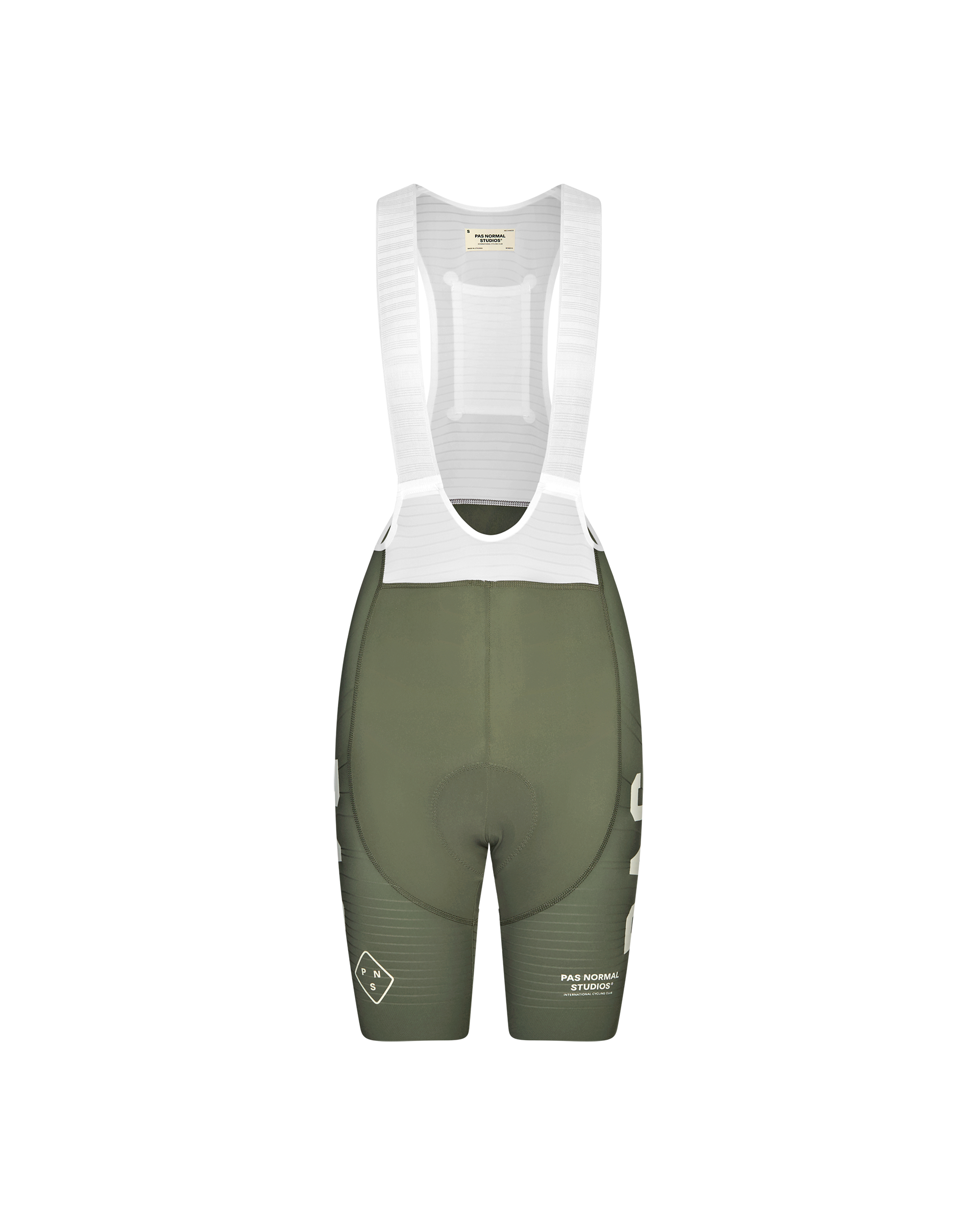 Green PAS Mechanism Pro cycling bibs, front flat lay with white shoulder straps
