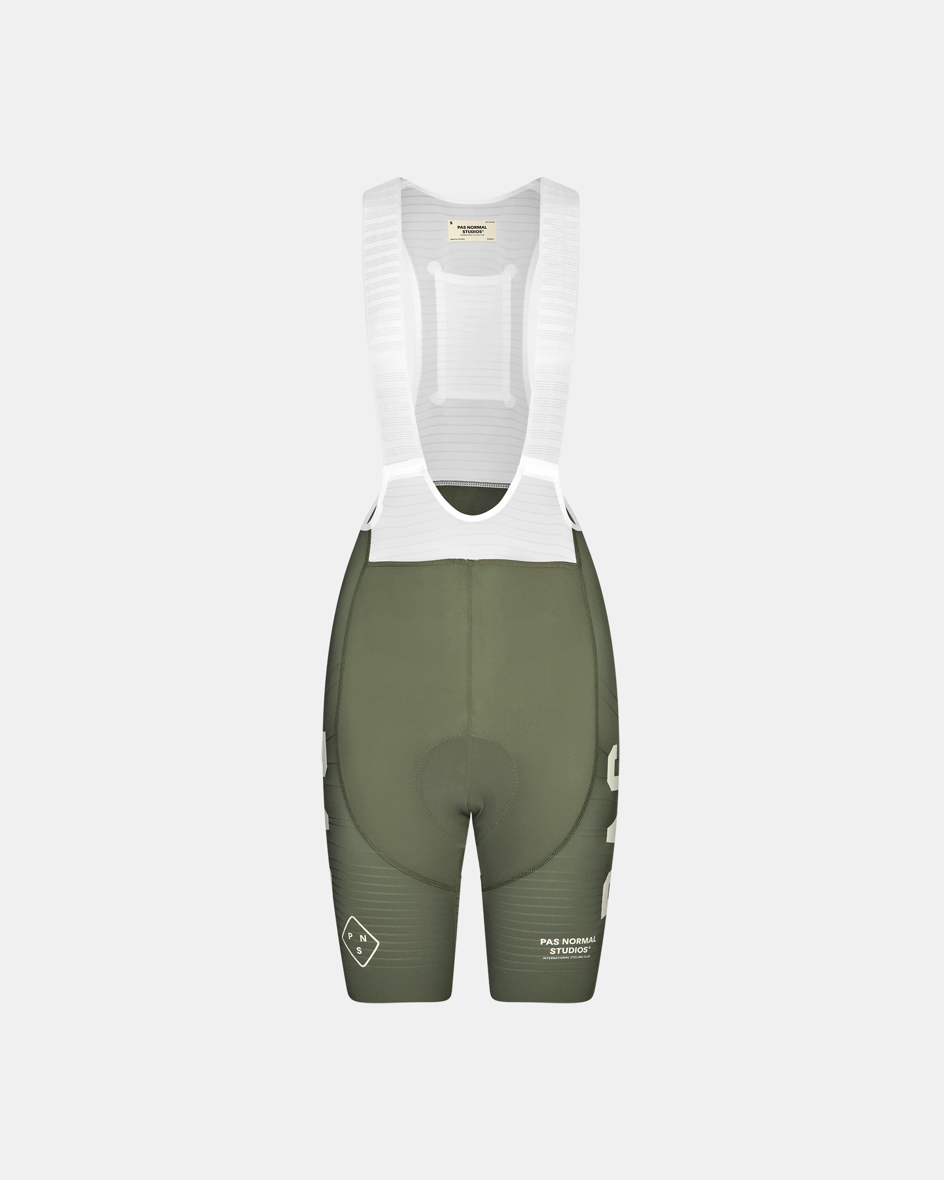 Green PAS Mechanism Pro cycling bibs, front flat lay with white shoulder straps
