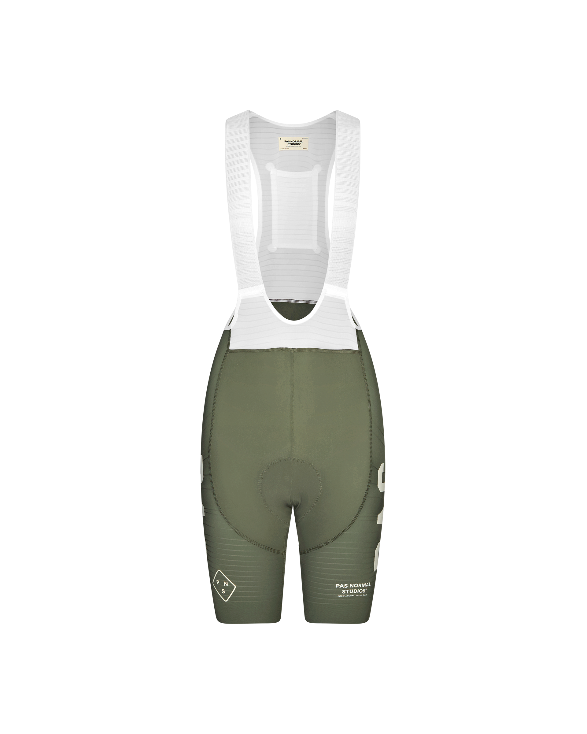 Green PAS Mechanism Pro cycling bibs, front flat lay with white shoulder straps