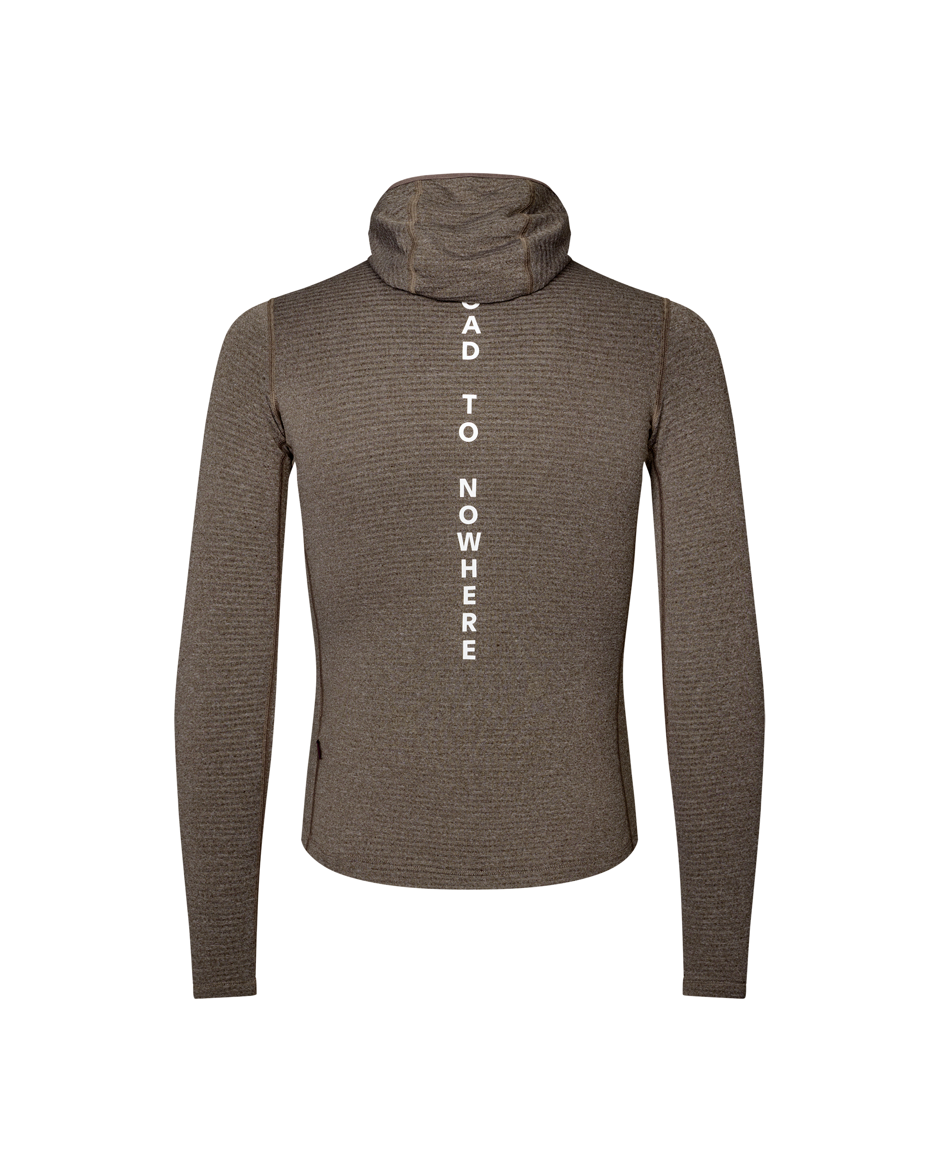 Dark Coffee brown thermal hooded windproof cycling baselayer, front flat lay with vertical white chest text print