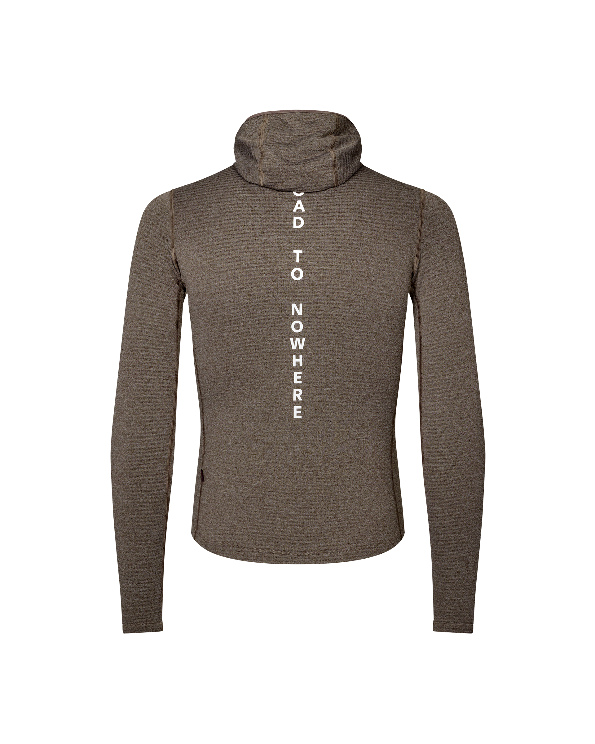 Dark Coffee brown thermal hooded windproof cycling baselayer, front flat lay with vertical white chest text print