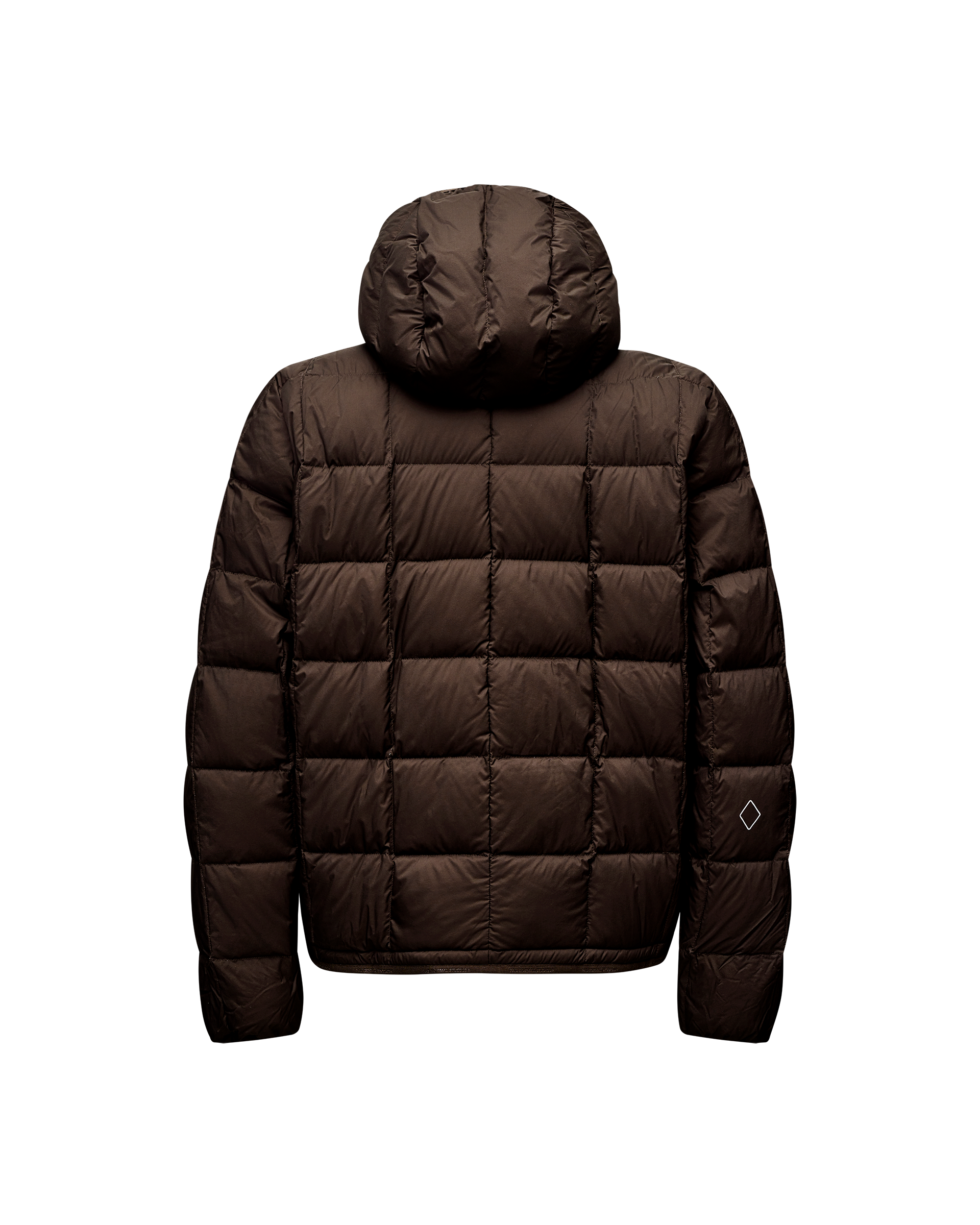 Dark Coffee brown Off-Race Down Liner jacket, rear flat lay with hood and grid quilting