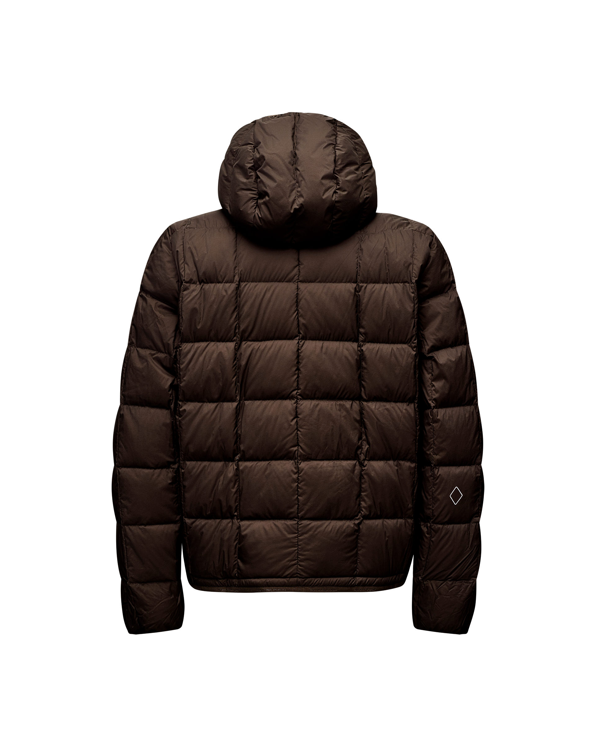 Dark Coffee brown Off-Race Down Liner jacket, rear flat lay with hood and grid quilting