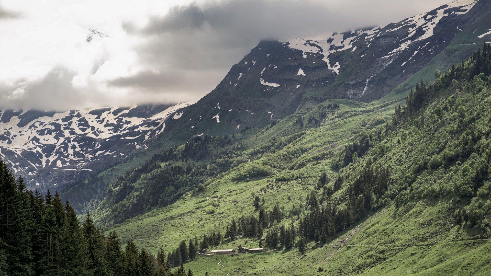 Alpine mountain landscape with snow-capped peaks, green valleys and forested slopes under cloudy sky