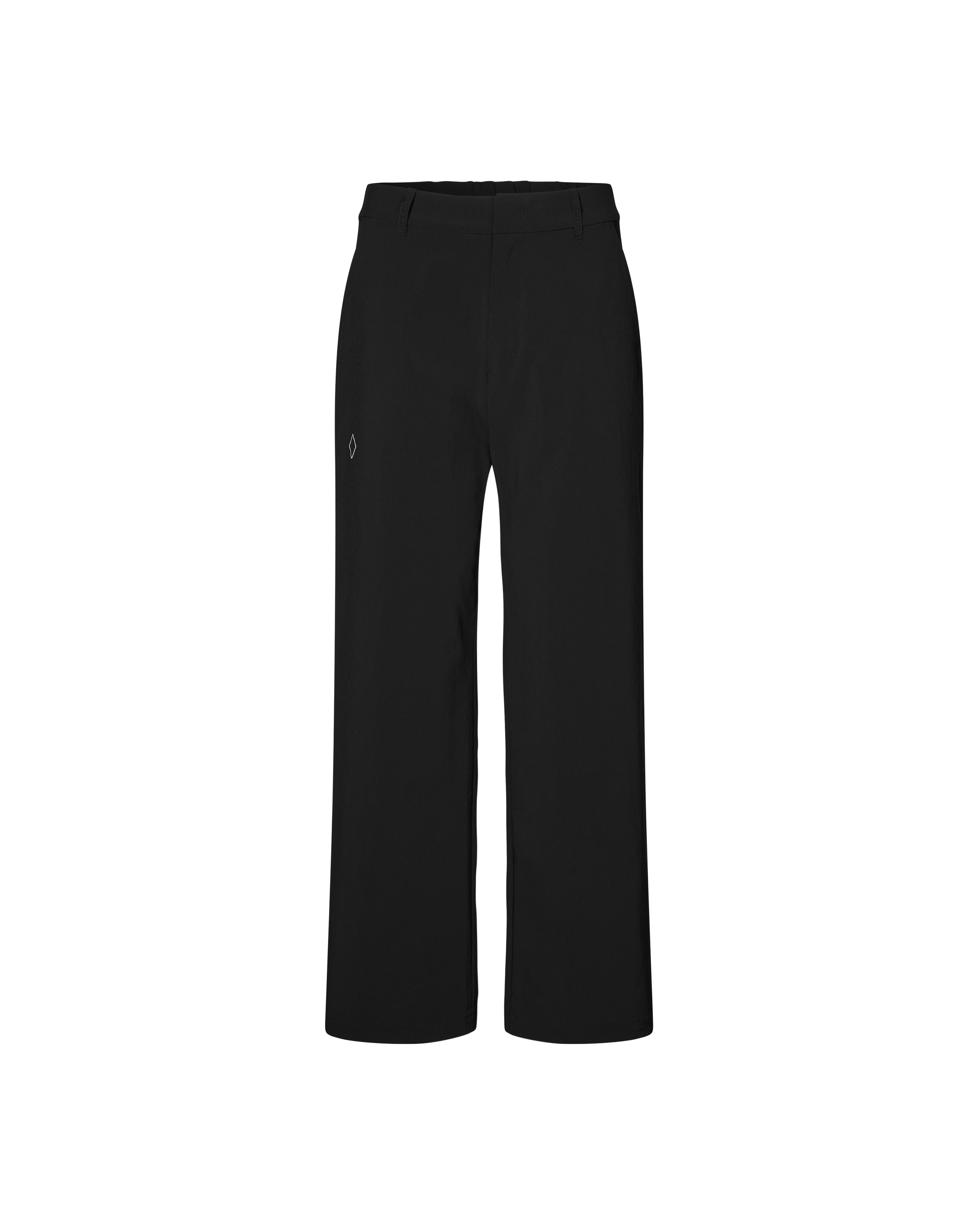 Black Off-Race Tech pants, front flat lay with wide leg cut and small logo detail