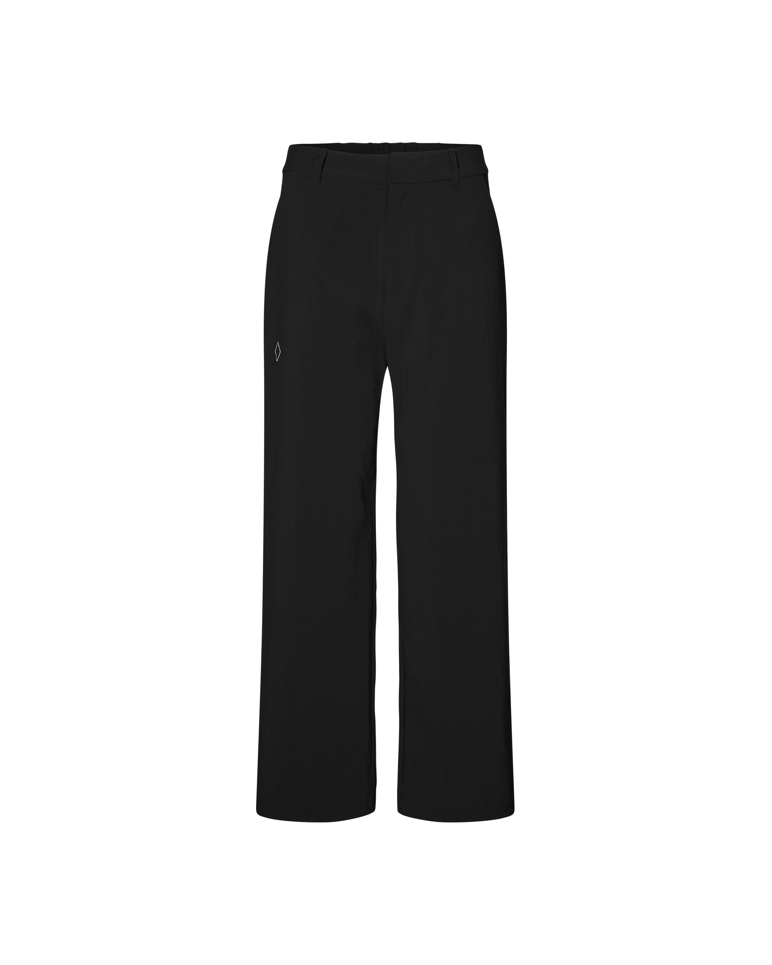 Black Off-Race Tech pants, front flat lay with wide leg cut and small logo detail