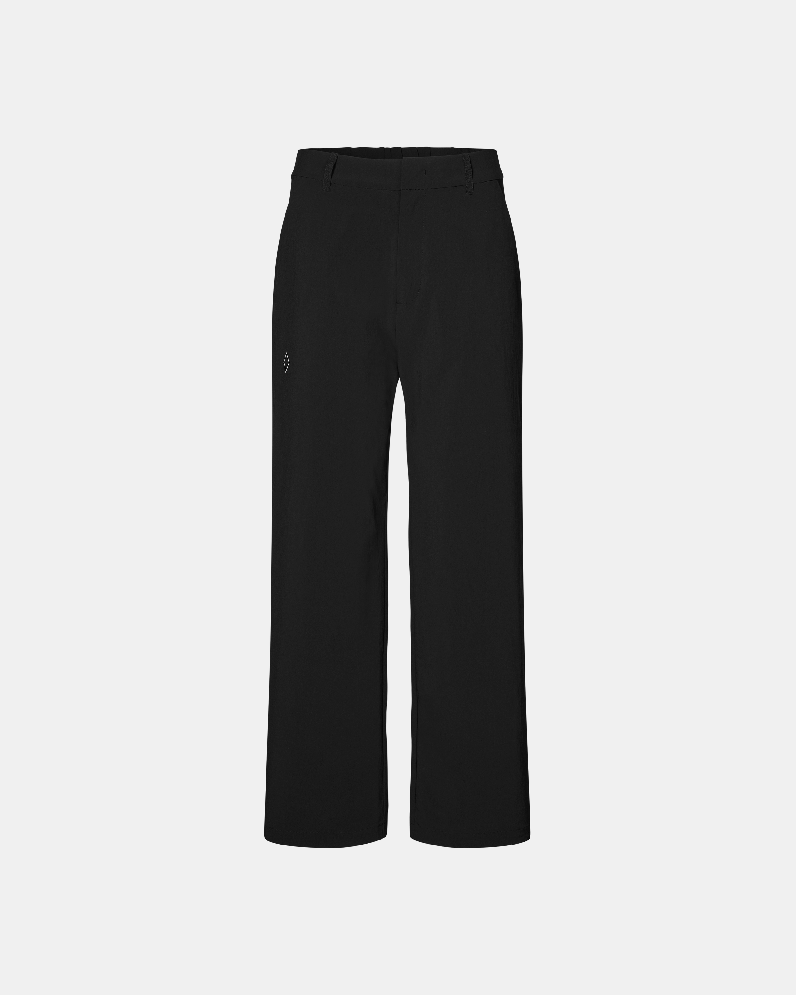Black Off-Race Tech pants, front flat lay with wide leg cut and small logo detail