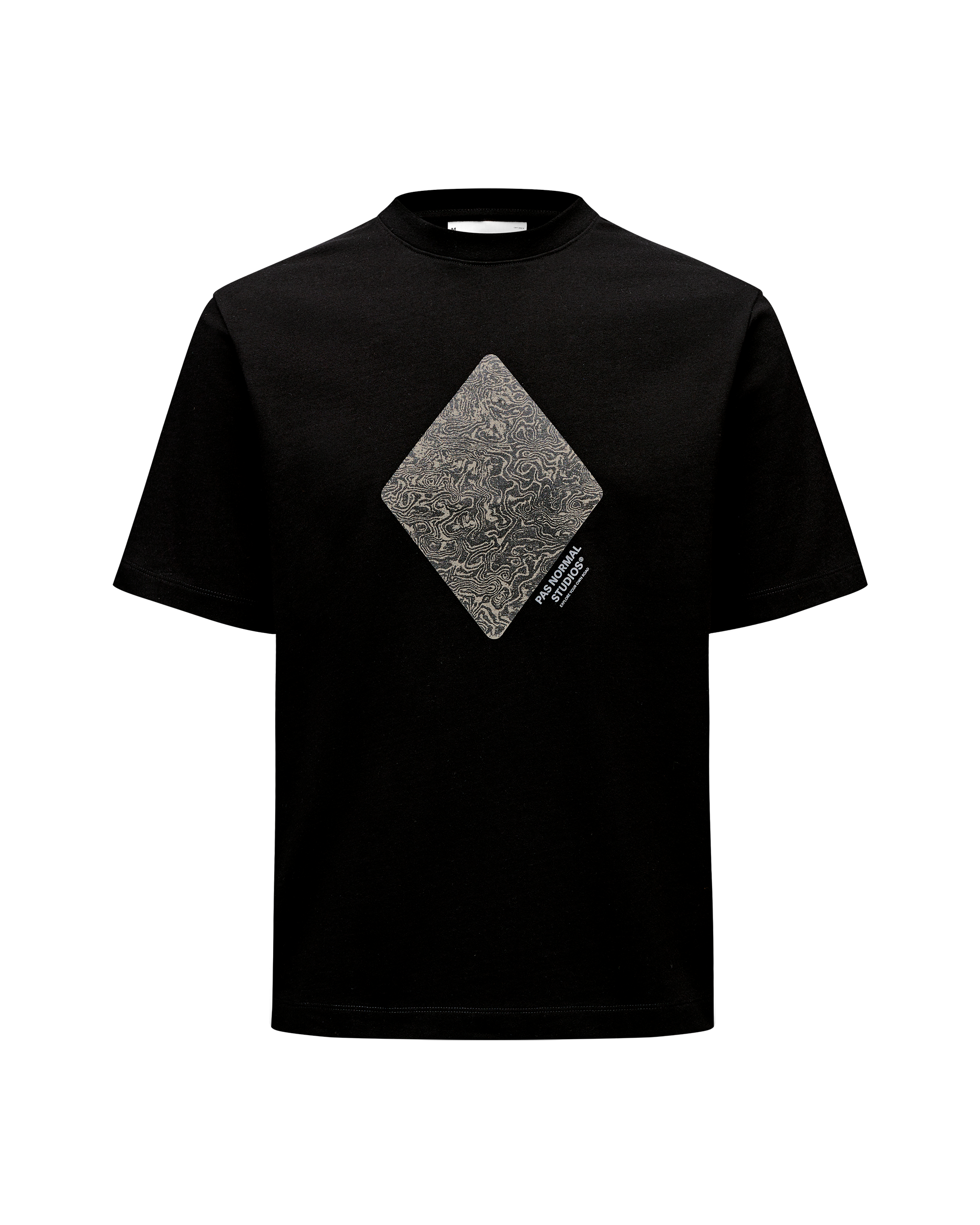 Black Off-Race Graphic T-shirt, front flat lay with diamond topographic chest print