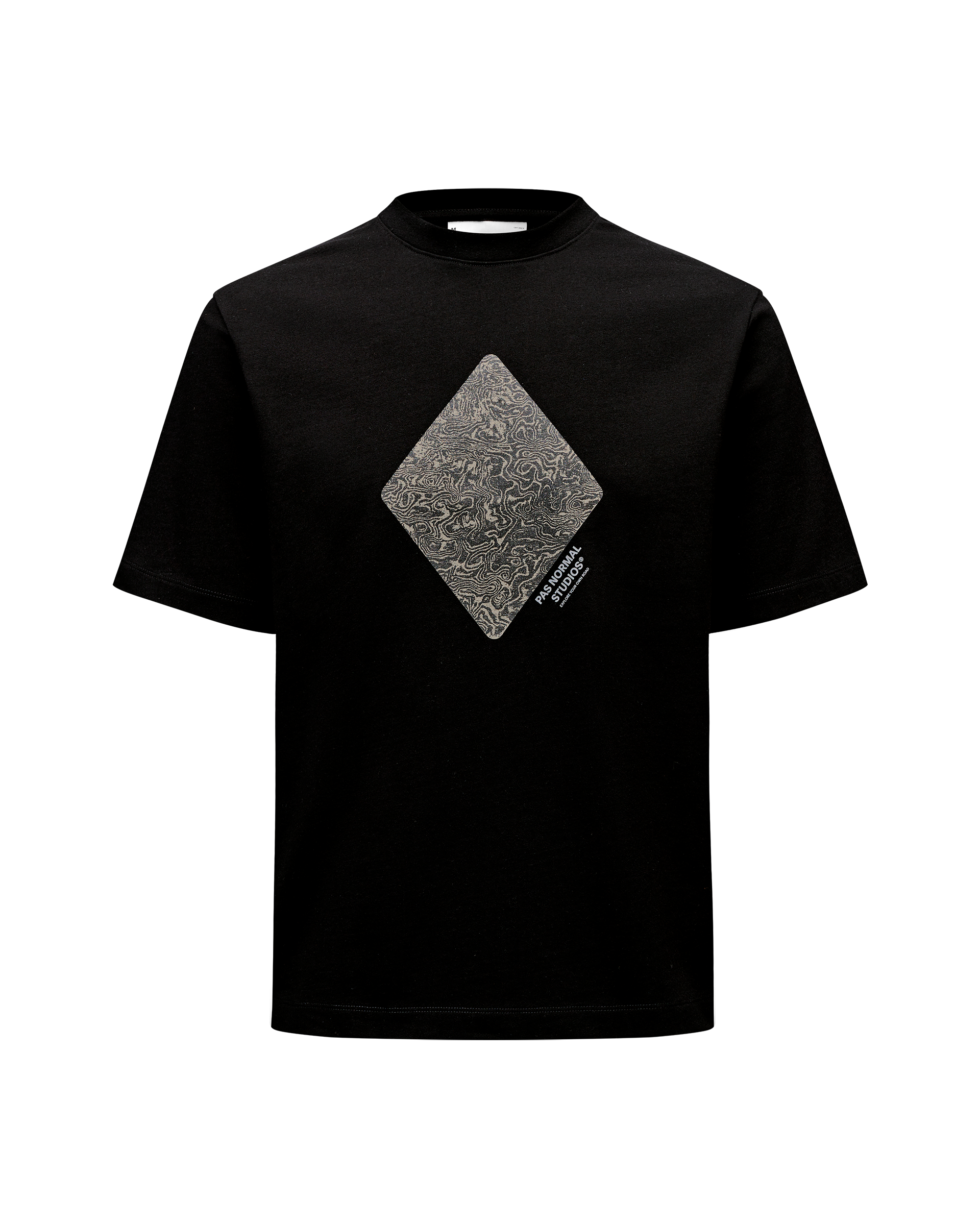 Black Off-Race Graphic T-shirt, front flat lay with diamond topographic chest print