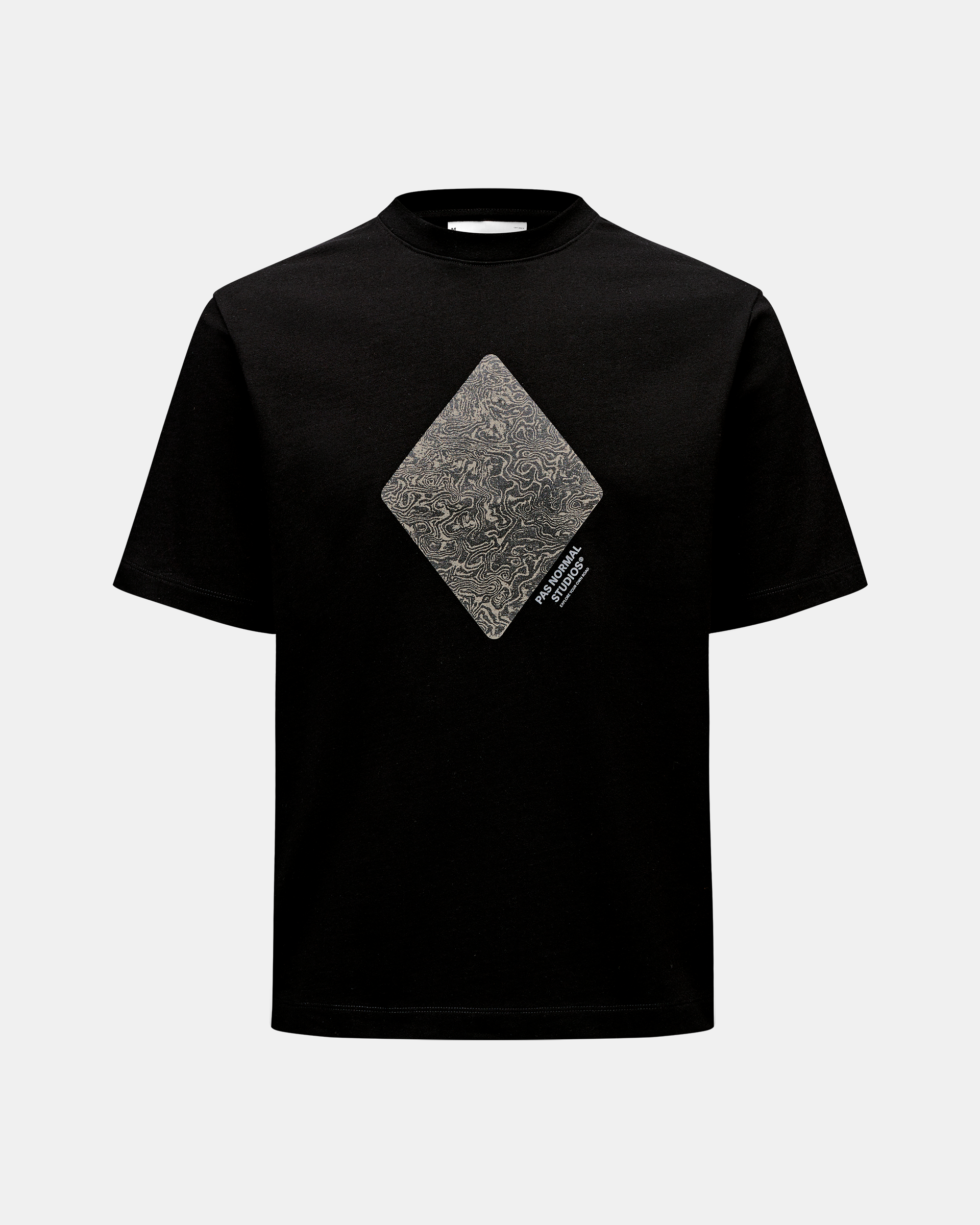 Black Off-Race Graphic T-shirt, front flat lay with diamond topographic chest print