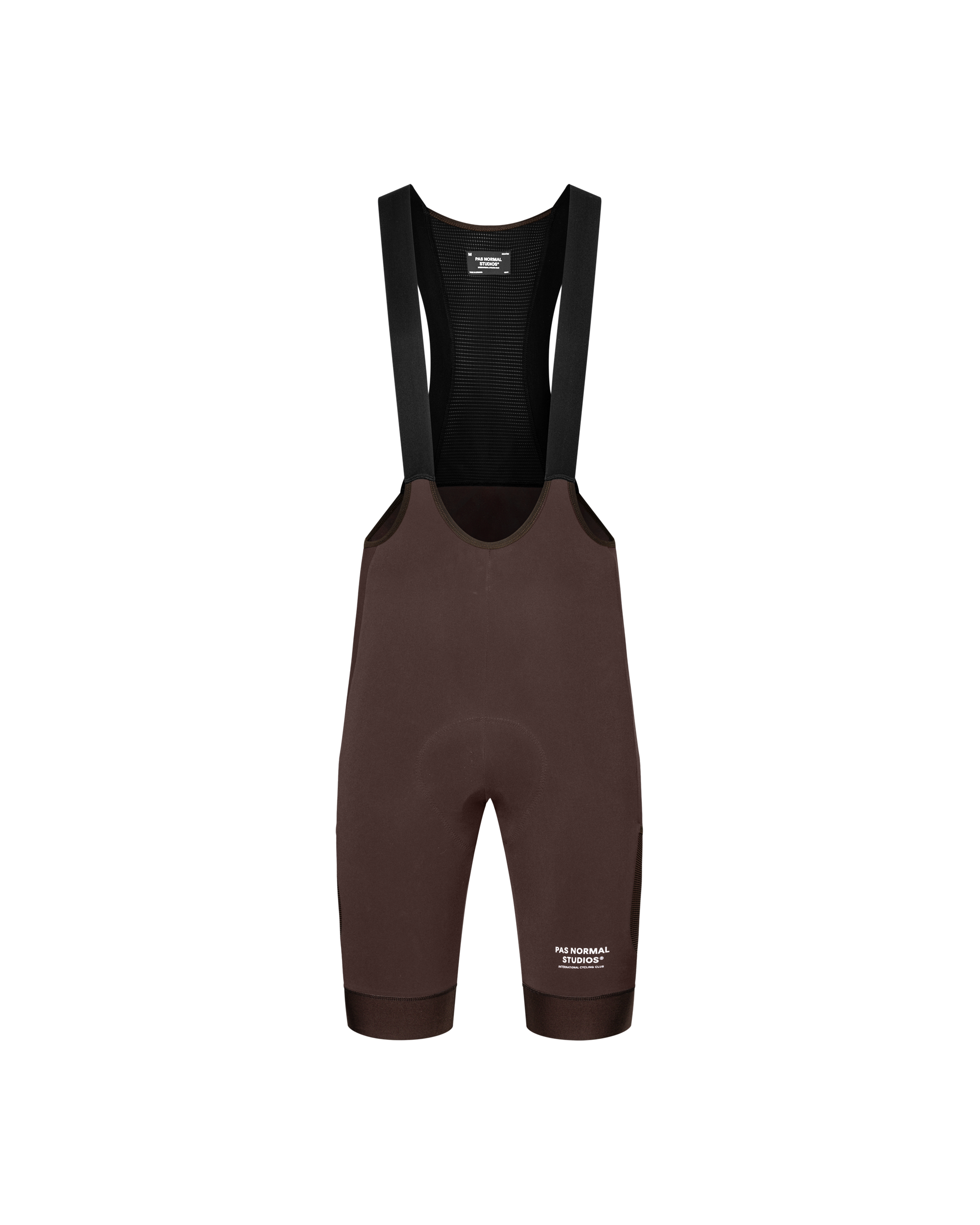 Dark Red Escapism Cargo cycling bibs, front flat lay with black mesh bib straps