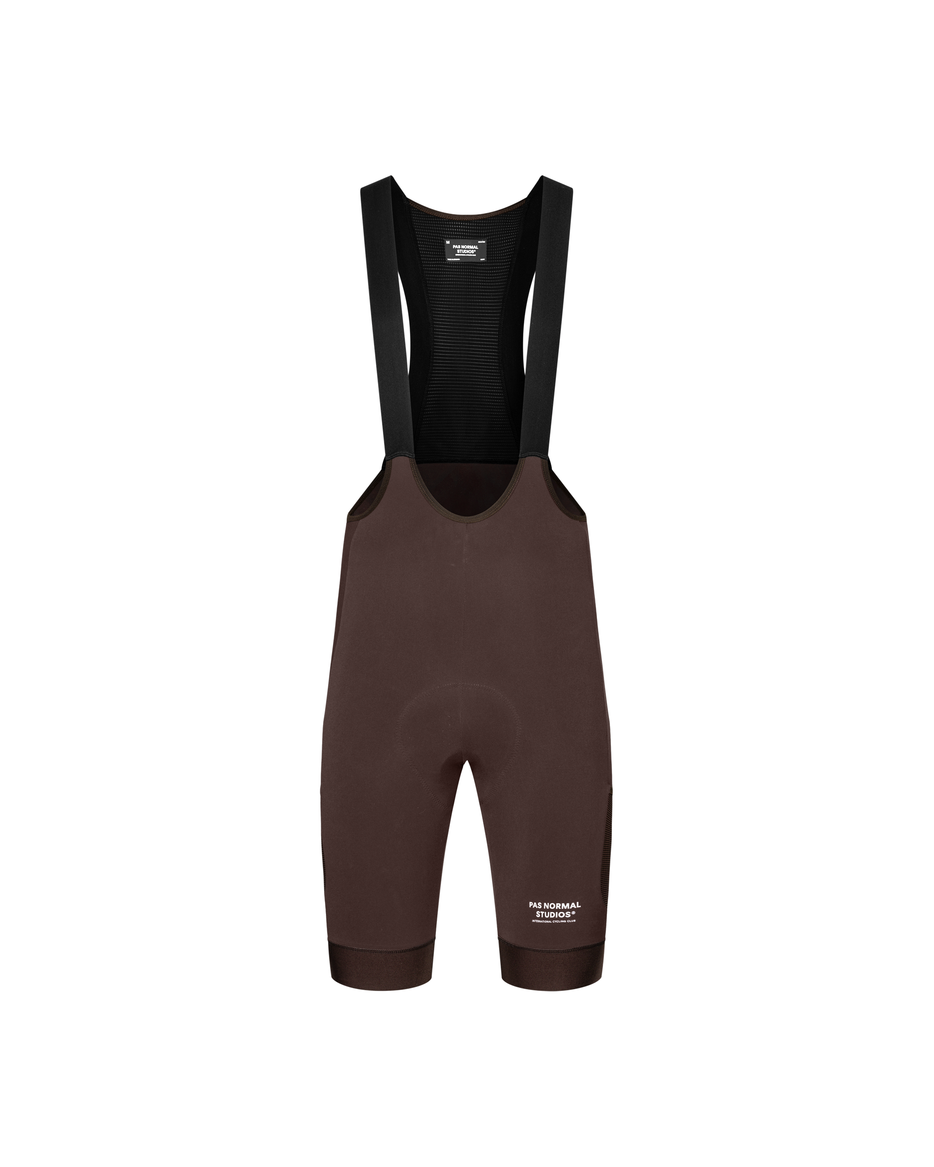Dark Red Escapism Cargo cycling bibs, front flat lay with black mesh bib straps