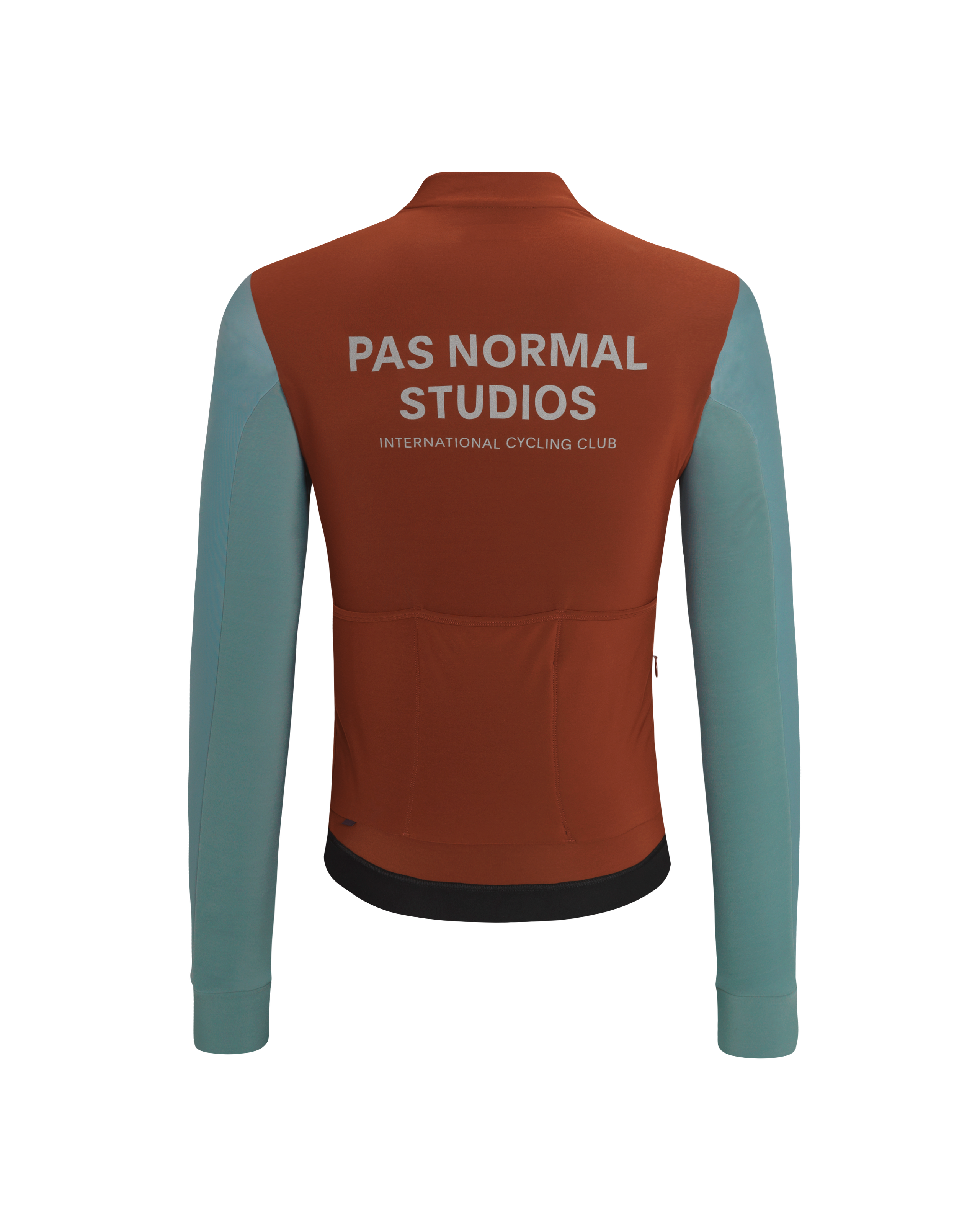 Mahogany Mechanism thermal long sleeve cycling jersey, rear flat lay with contrast teal sleeves and back print