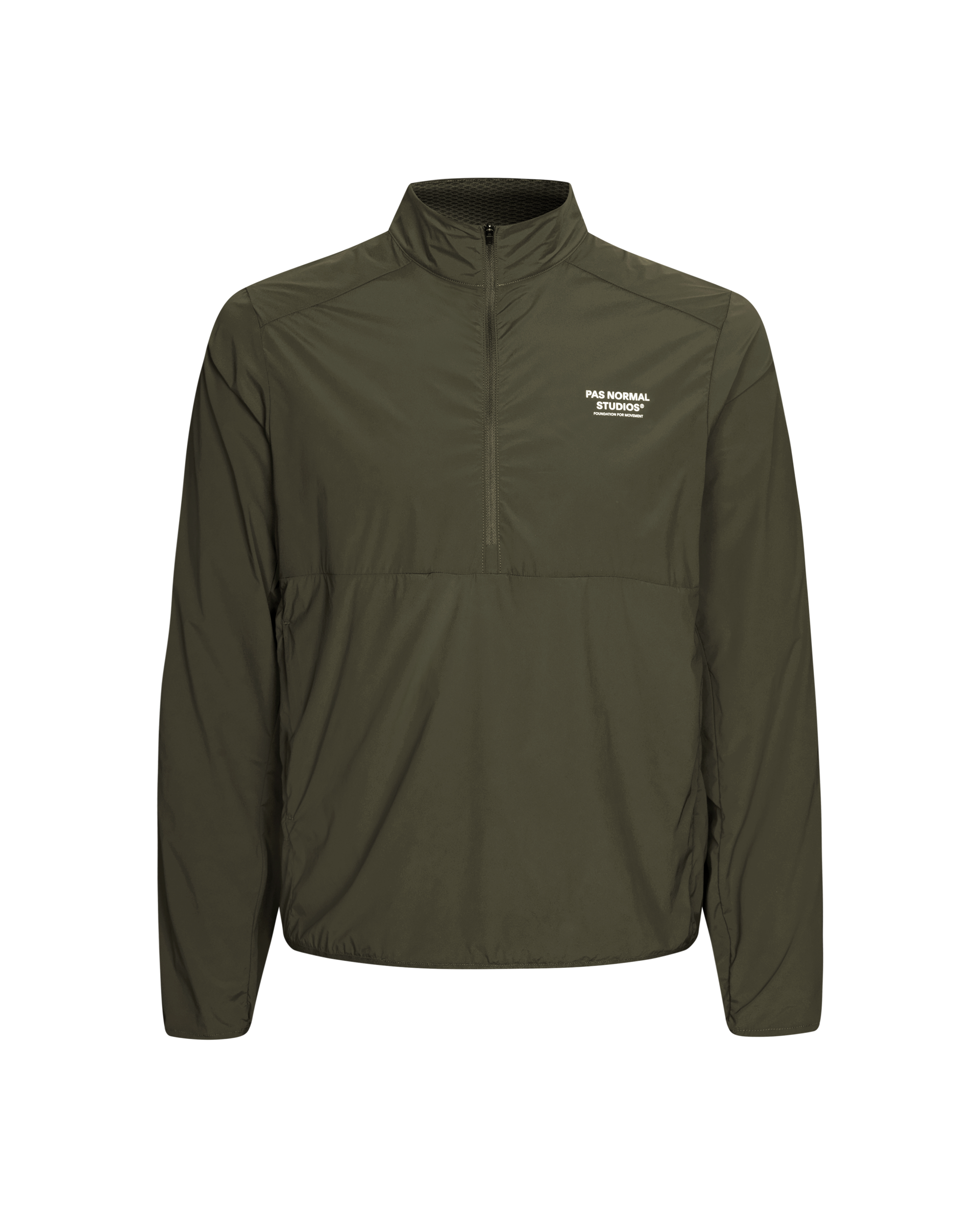Dark Olive Balance Half Zip jacket, front view with white chest logo