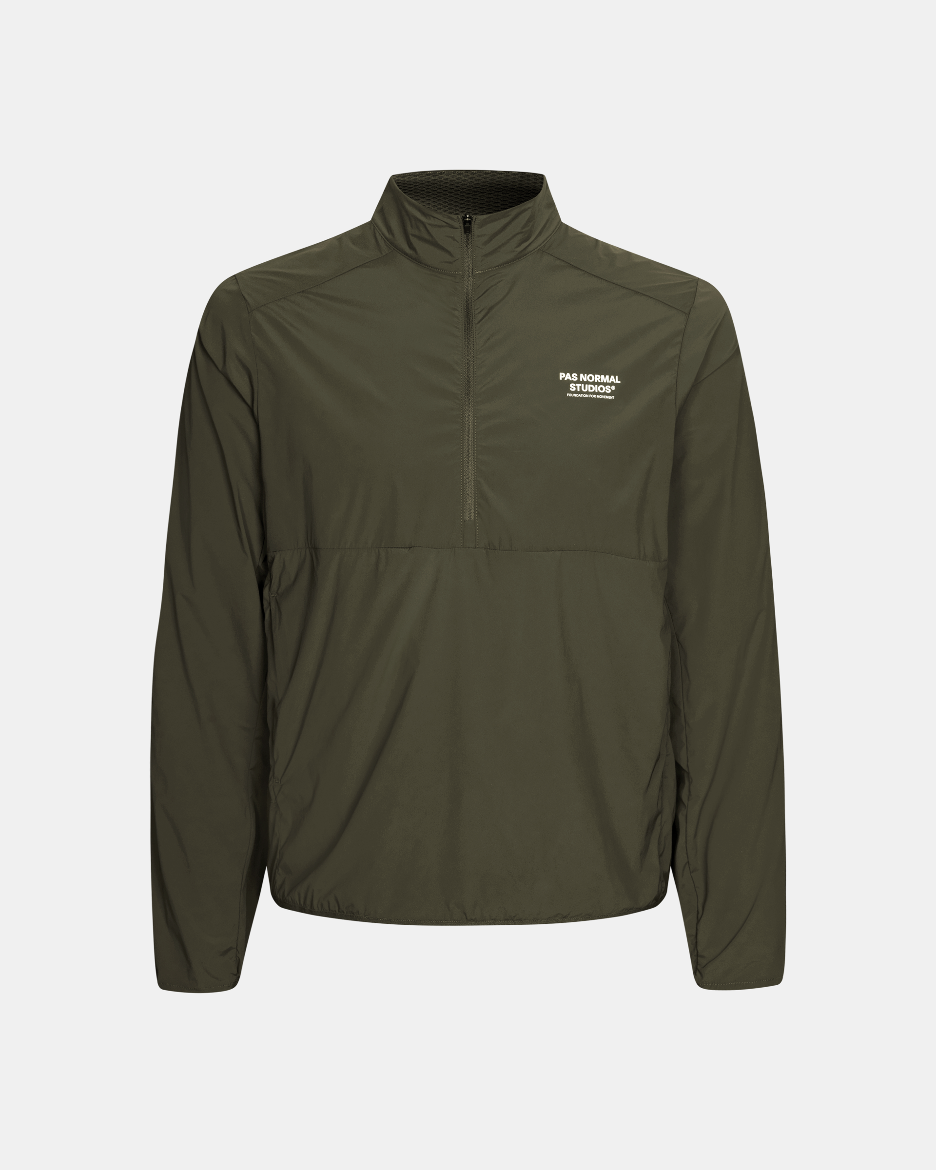 Dark Olive Balance Half Zip jacket, front view with white chest logo