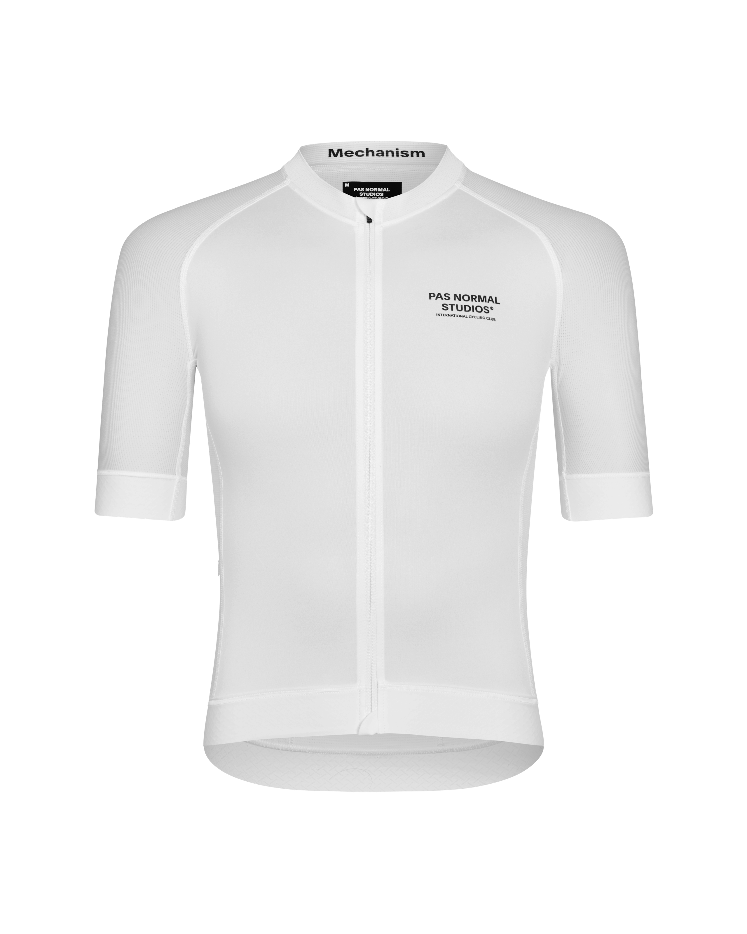 White Mechanism cycling jersey, front view with white mesh panels and chest logo
