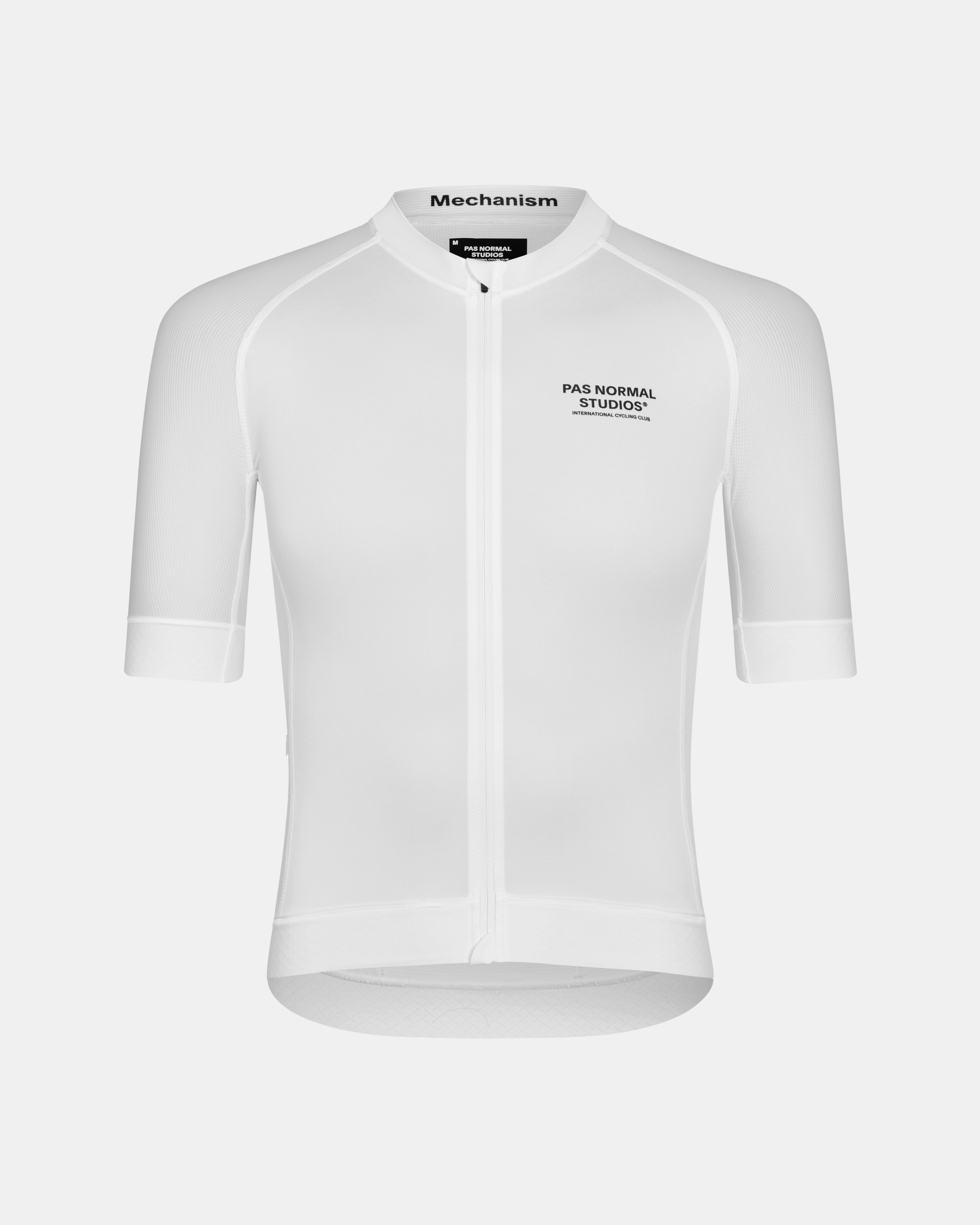 White Mechanism cycling jersey, front view with white mesh panels and chest logo
