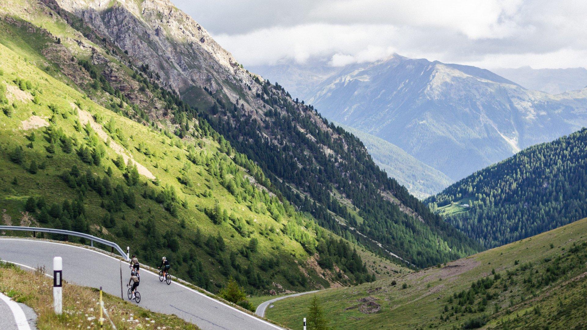 Cyclists on mountain road through green Alpine valley with peaks in background