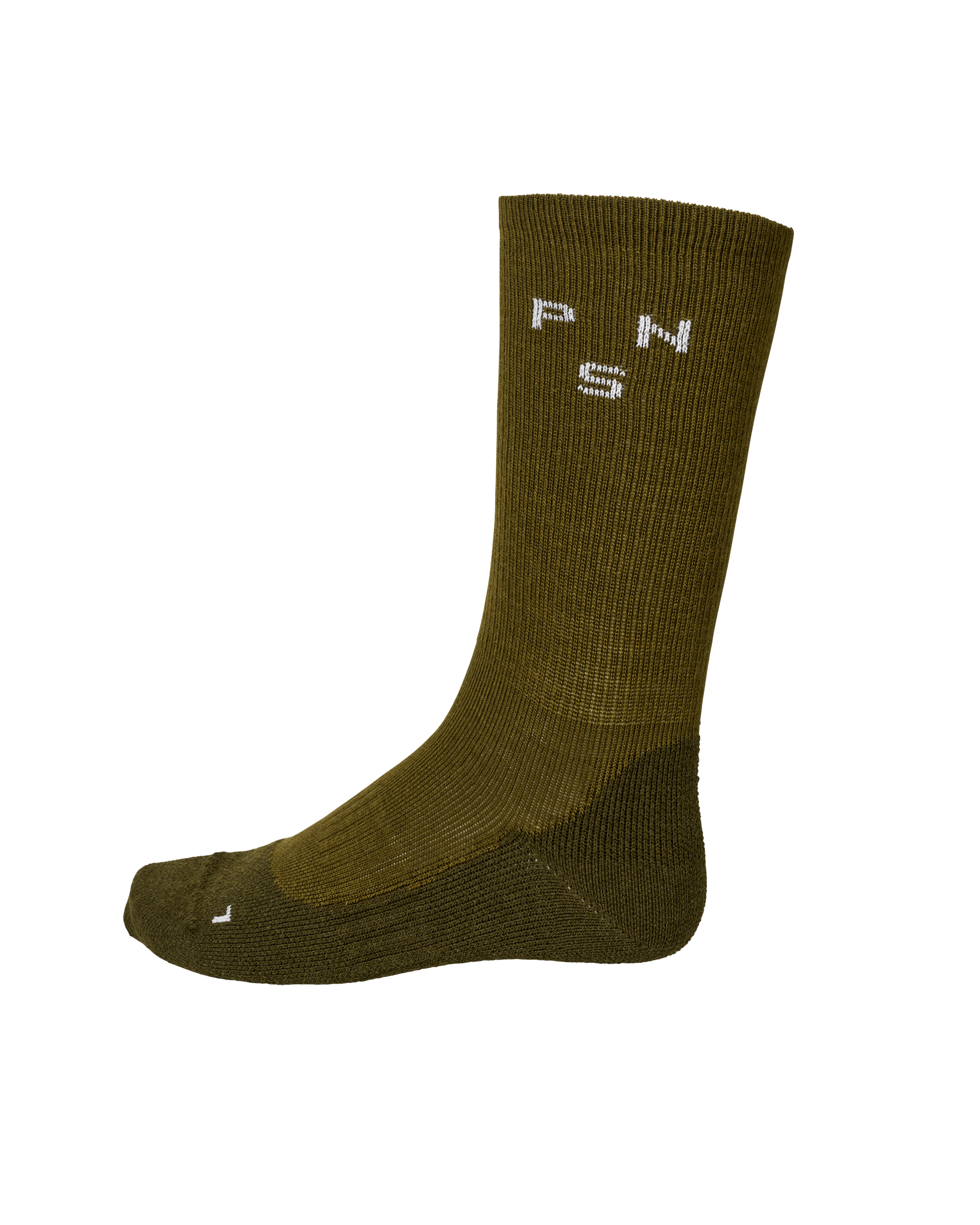Khaki Green cycling socks, side view with white logo on cuff