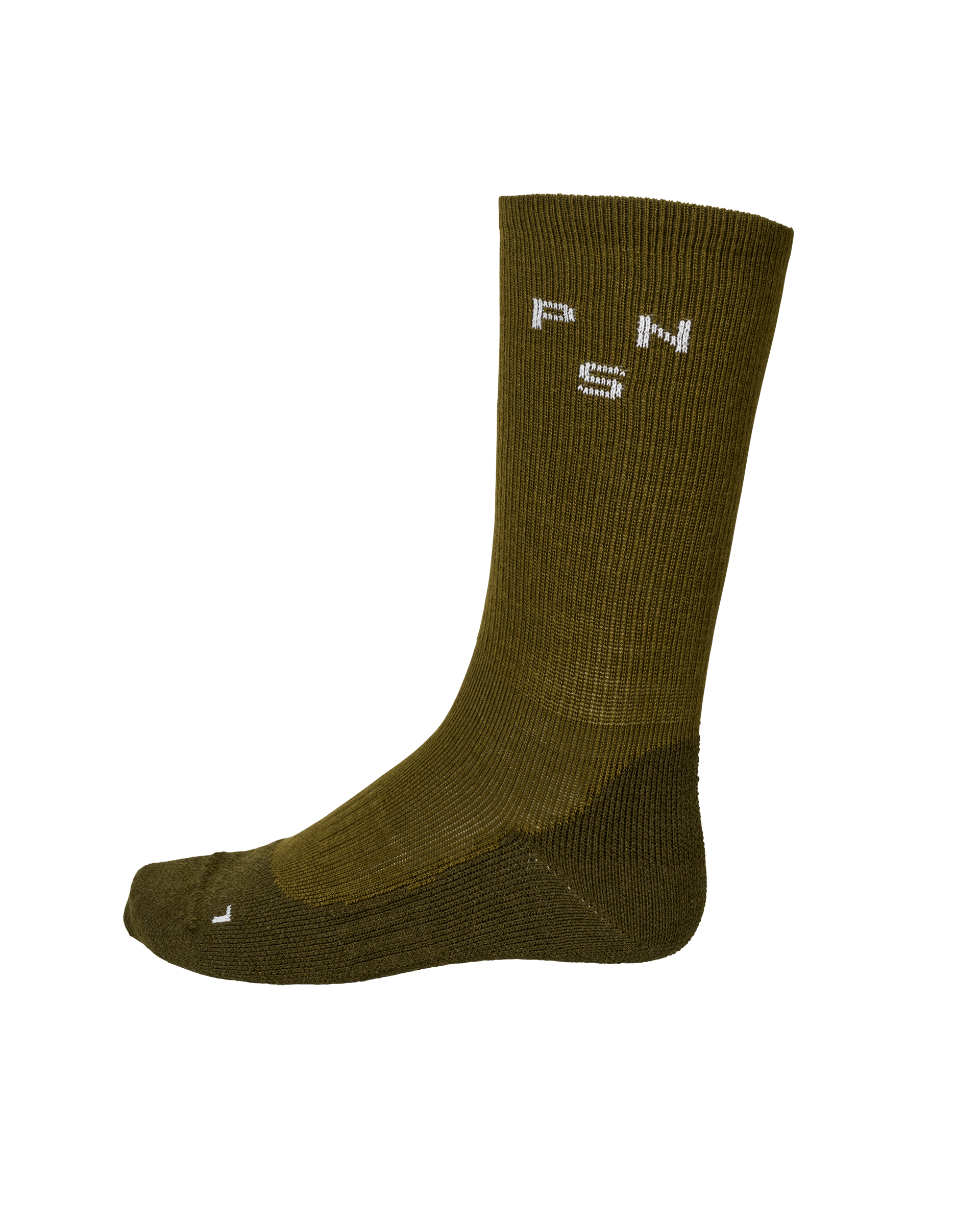 Khaki Green cycling socks, side view with white logo on cuff
