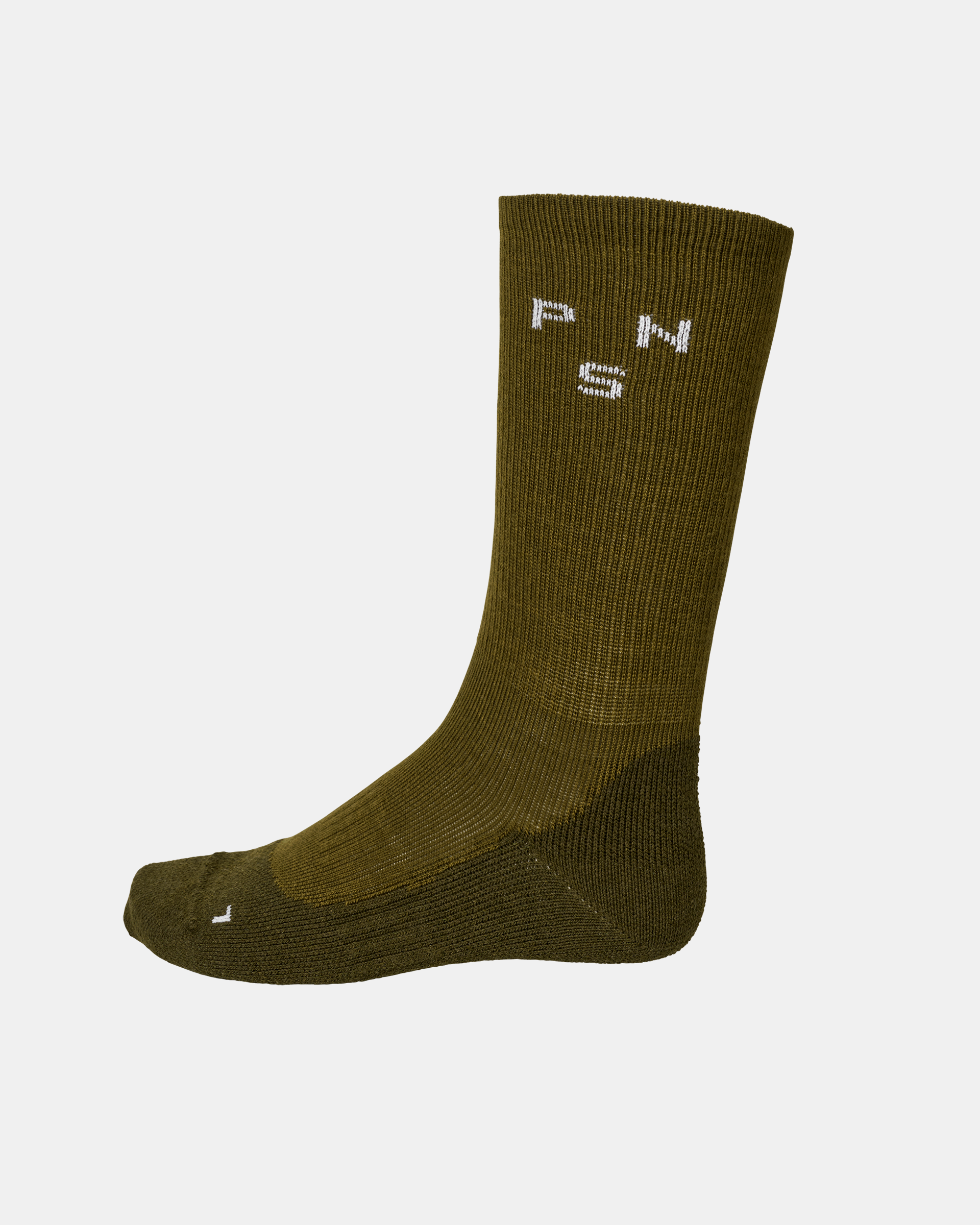 Khaki Green cycling socks, side view with white logo on cuff