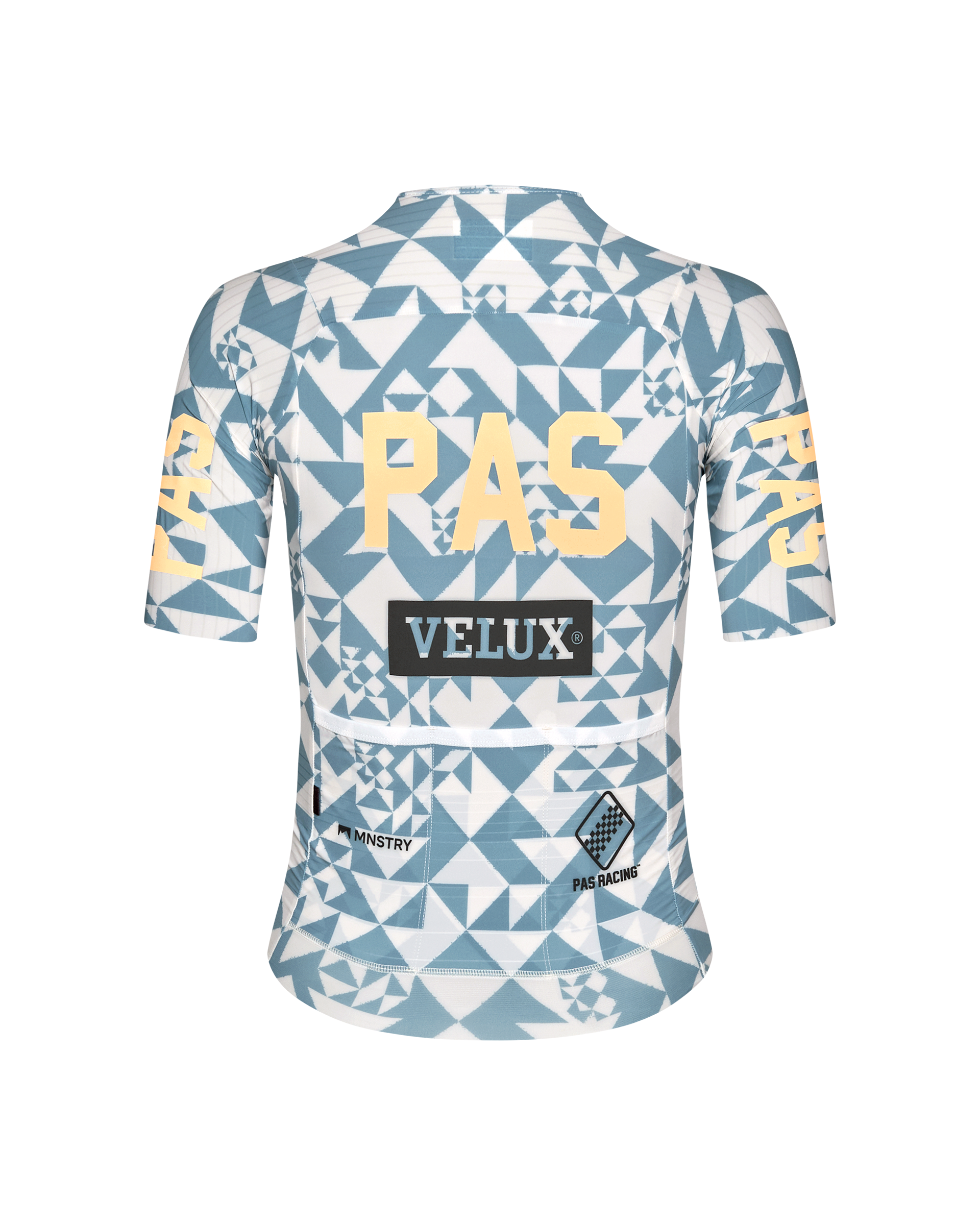 Origami Light Blue Mechanism Pro women's cycling jersey, rear flat lay with geometric print and yellow back panel text