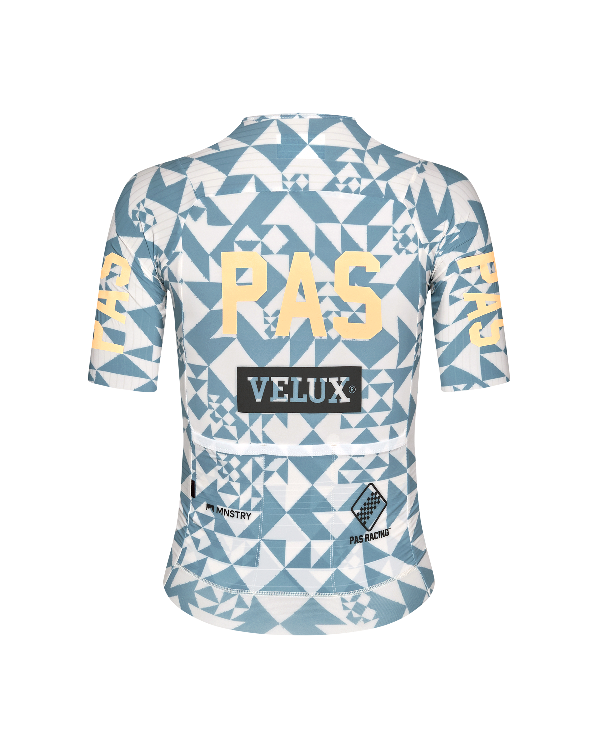 Origami Light Blue Mechanism Pro women's cycling jersey, rear flat lay with geometric print and yellow back panel text