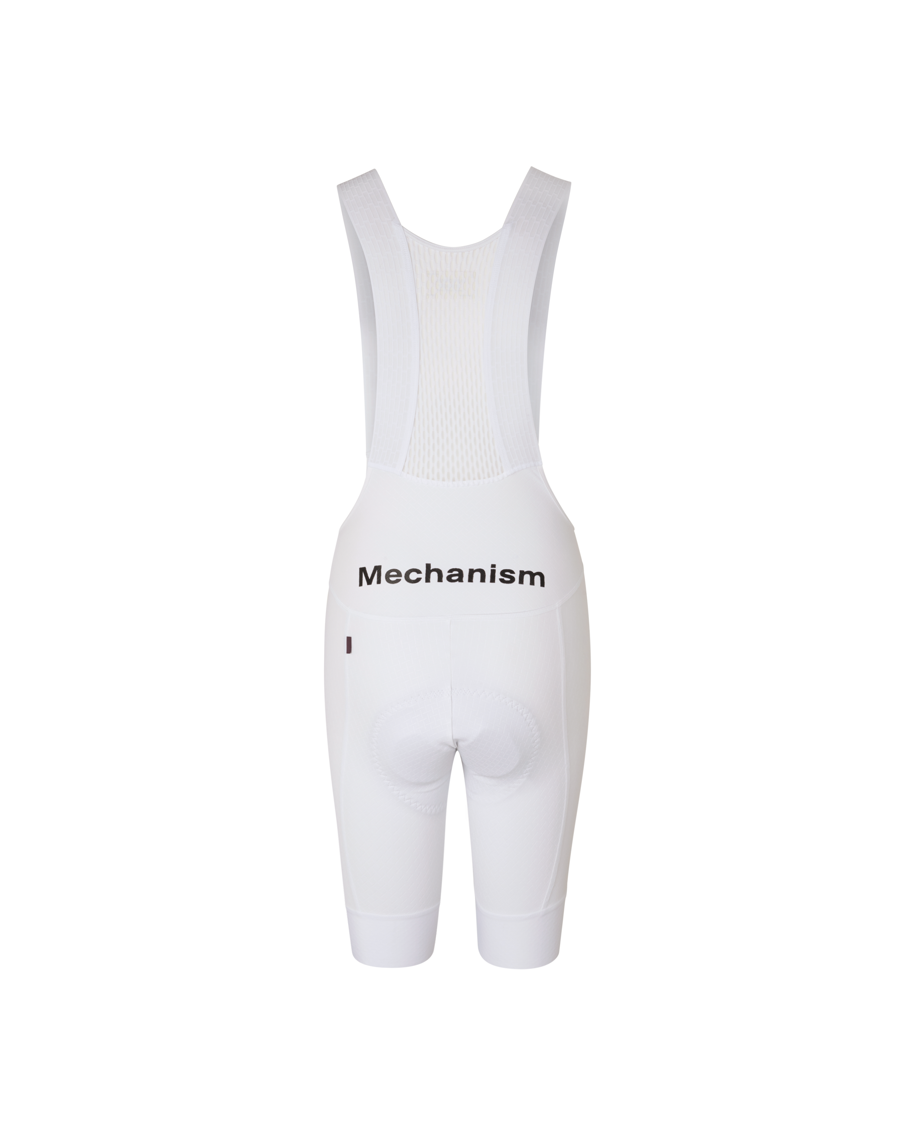 White Mechanism cycling bibs, front flat lay with mesh upper panel