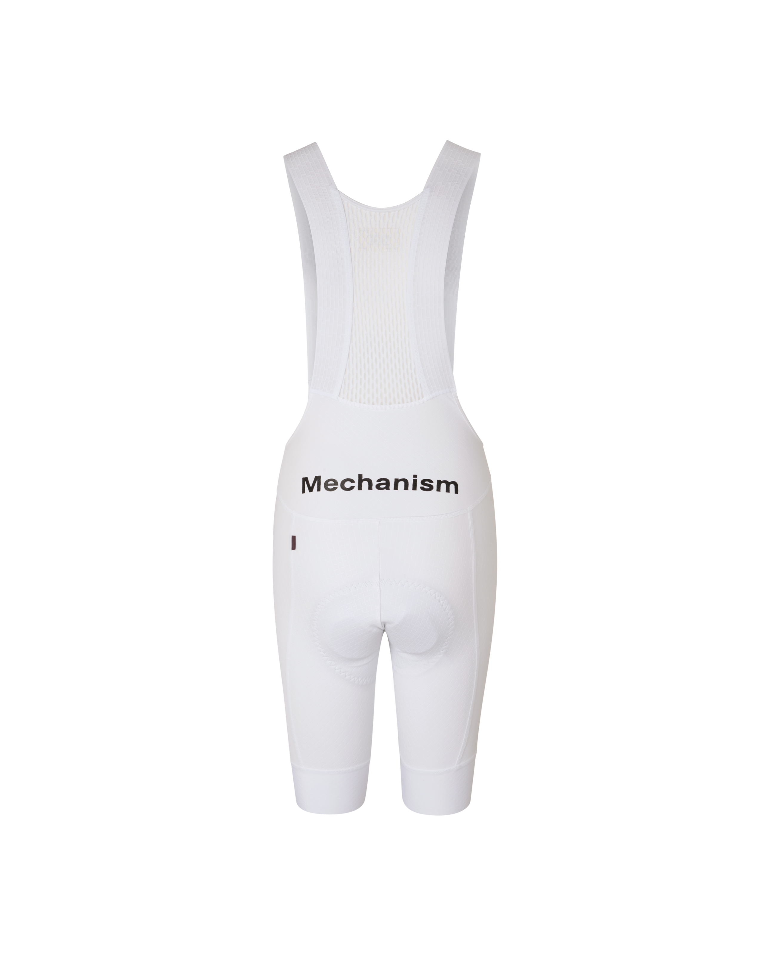 White Mechanism cycling bibs, front flat lay with mesh upper panel