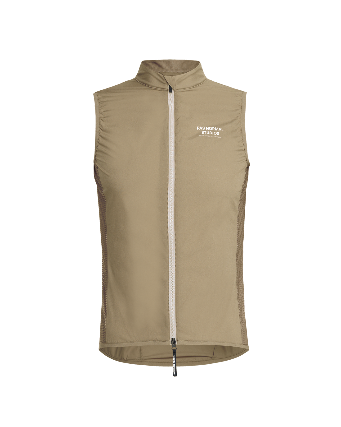 Beige Mechanism Stow Away gilet, front view with white chest logo and mesh side panels